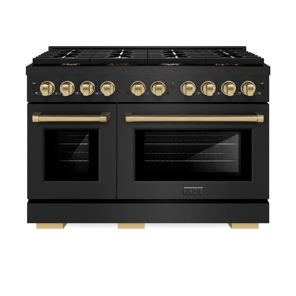 ZLINE Autograph Edition 48 in. 6.7 cu. ft. 8 Burner Double Oven Gas Range in Black Stainless Steel and Champagne Bronze Accents (SGRBZ-48-CB)