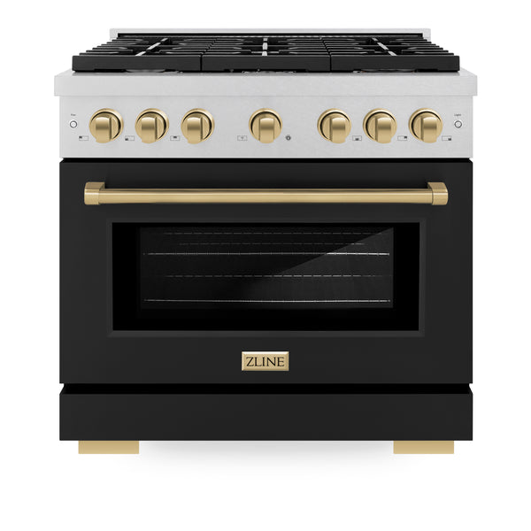 ZLINE Autograph Edition 36 in. 5.2 cu. ft. Paramount Dual Fuel Range with 6 Burner Gas Cooktop and Electric Convection Oven in DuraSnow® Stainless Steel with Black Matte Door and Accents(SDRSZ-BLM-36)