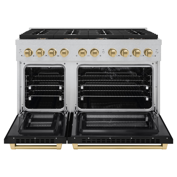 ZLINE Autograph Edition 48 in. 6.7 cu. ft. Paramount Double Oven Dual Fuel Range with 8 Burner Gas Cooktop in DuraSnow® Stainless Steel with Black Matte Door and Accents (SDRSZ-BLM-48)