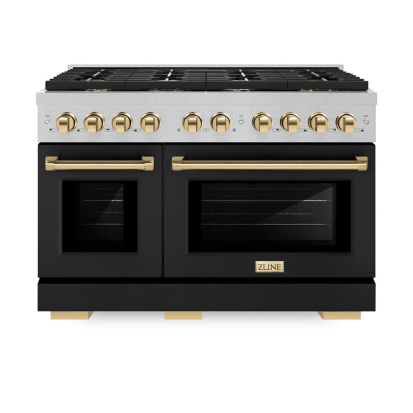 ZLINE Autograph Edition 48 in. 6.7 cu. ft. Paramount Double Oven Dual Fuel Range with 8 Burner Gas Cooktop in DuraSnow® Stainless Steel with Black Matte Door and Accents (SDRSZ-BLM-48)