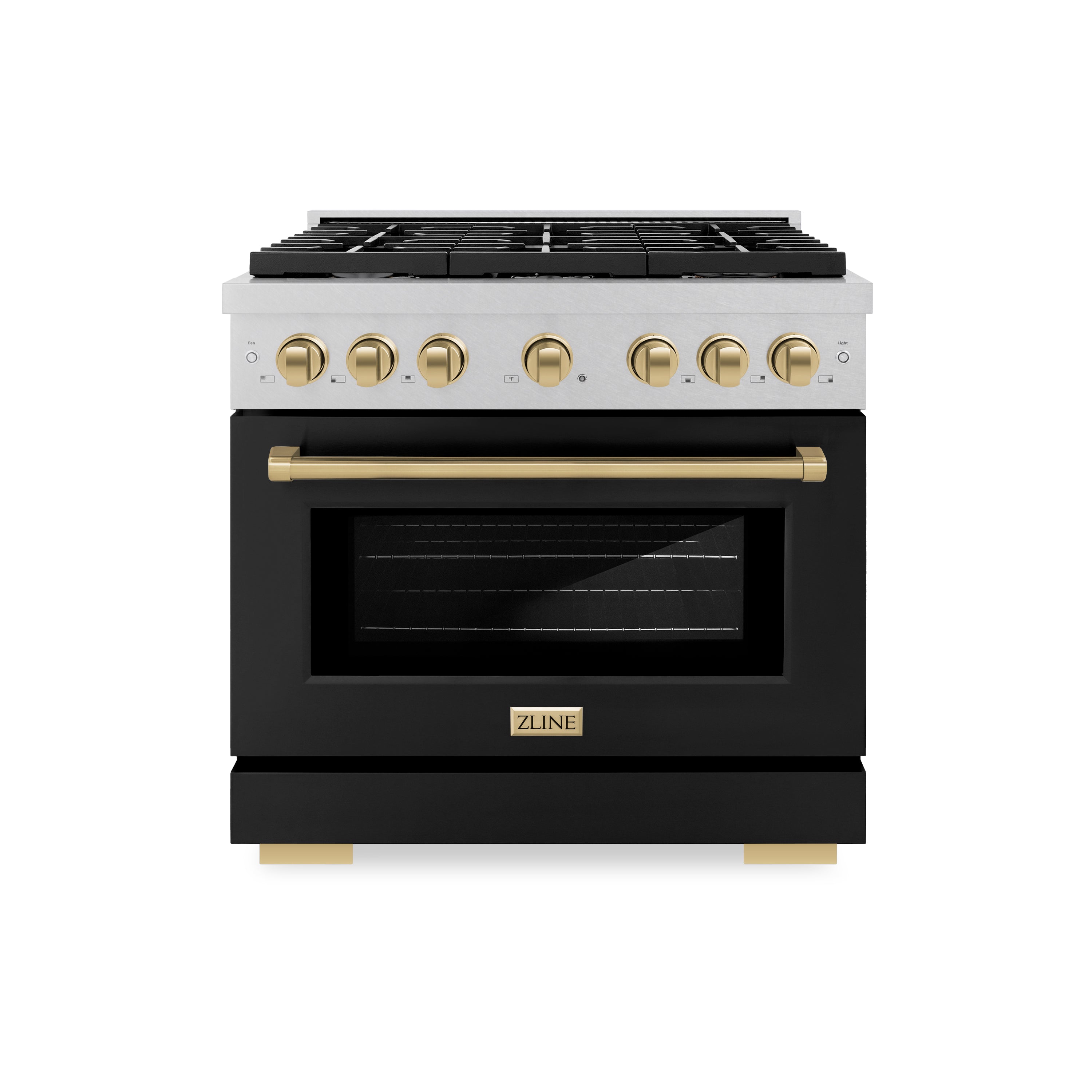 ZLINE Autograph Edition 36 in. 5.2 cu. ft. 6 Burner Gas Range with Convection Gas Oven in DuraSnow® Stainless Steel with Black Matte Door and Champagne Bronze Accents (SGRSZ-BLM-36-CB)