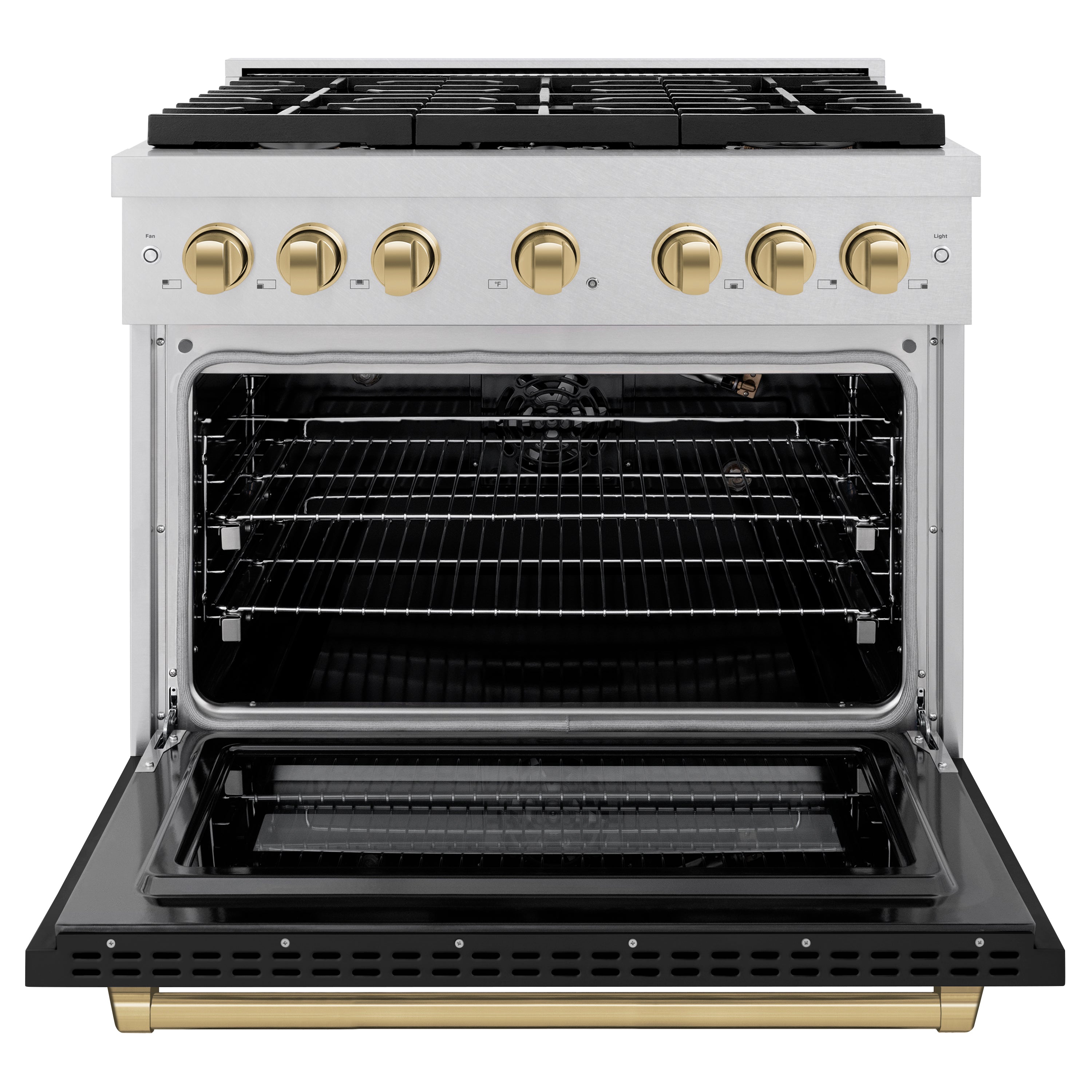 ZLINE Autograph Edition 36 in. 5.2 cu. ft. 6 Burner Gas Range with Convection Gas Oven in DuraSnow® Stainless Steel with Black Matte Door and Champagne Bronze Accents (SGRSZ-BLM-36-CB)