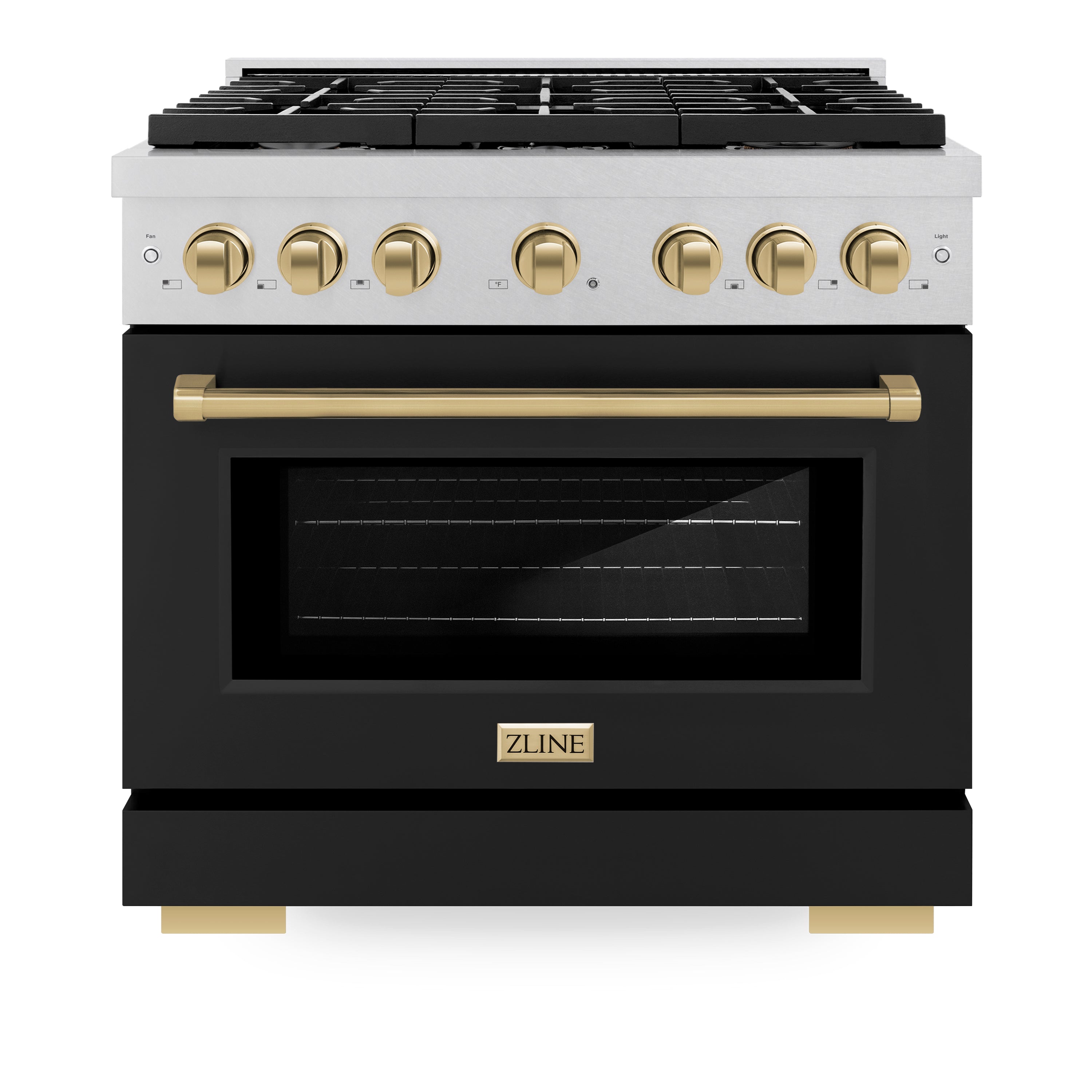 ZLINE Autograph Edition 36 in. 5.2 cu. ft. 6 Burner Gas Range with Convection Gas Oven in DuraSnow® Stainless Steel with Black Matte Door and Champagne Bronze Accents (SGRSZ-BLM-36-CB)