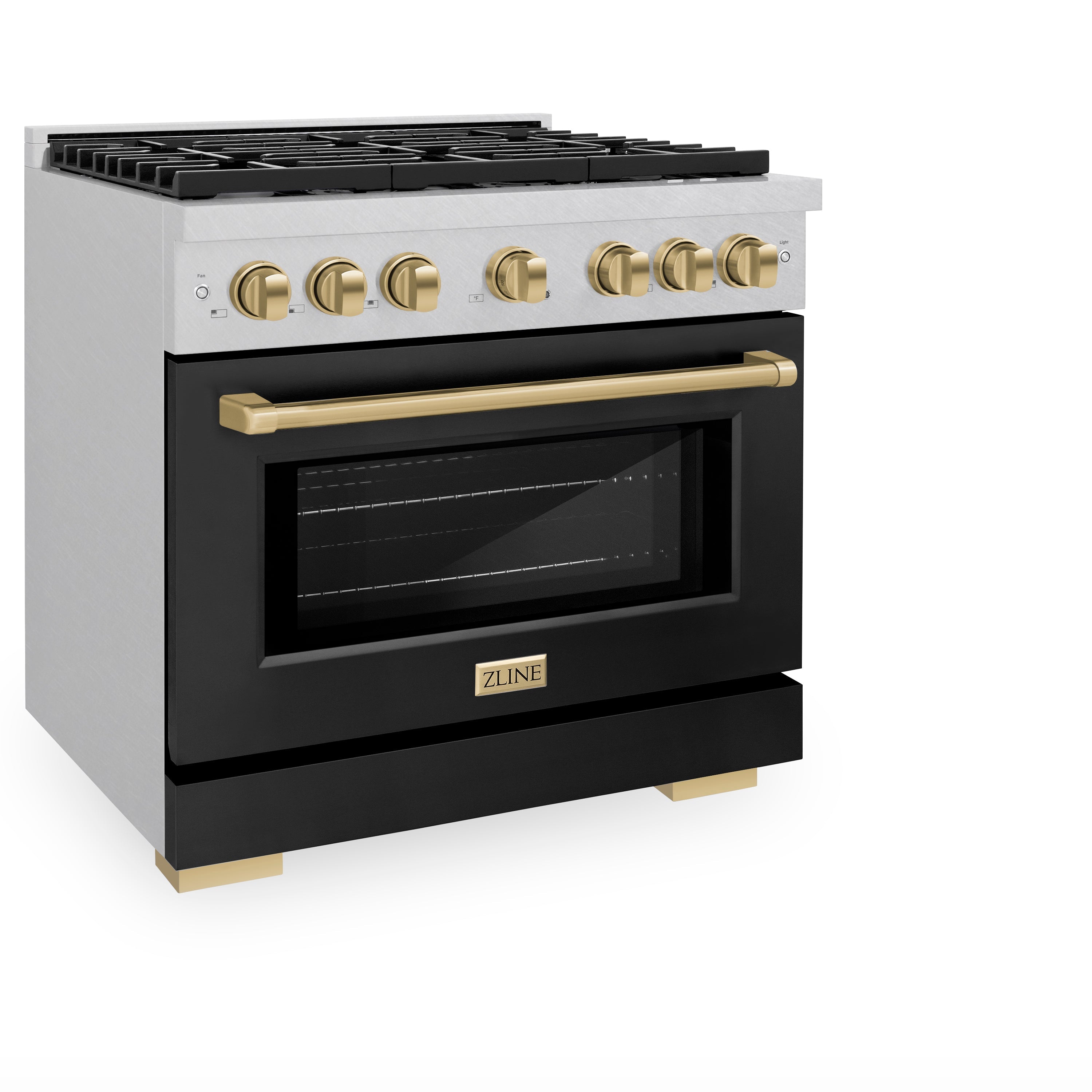 ZLINE Autograph Edition 36 in. 5.2 cu. ft. 6 Burner Gas Range with Convection Gas Oven in DuraSnow® Stainless Steel with Black Matte Door and Champagne Bronze Accents (SGRSZ-BLM-36-CB)