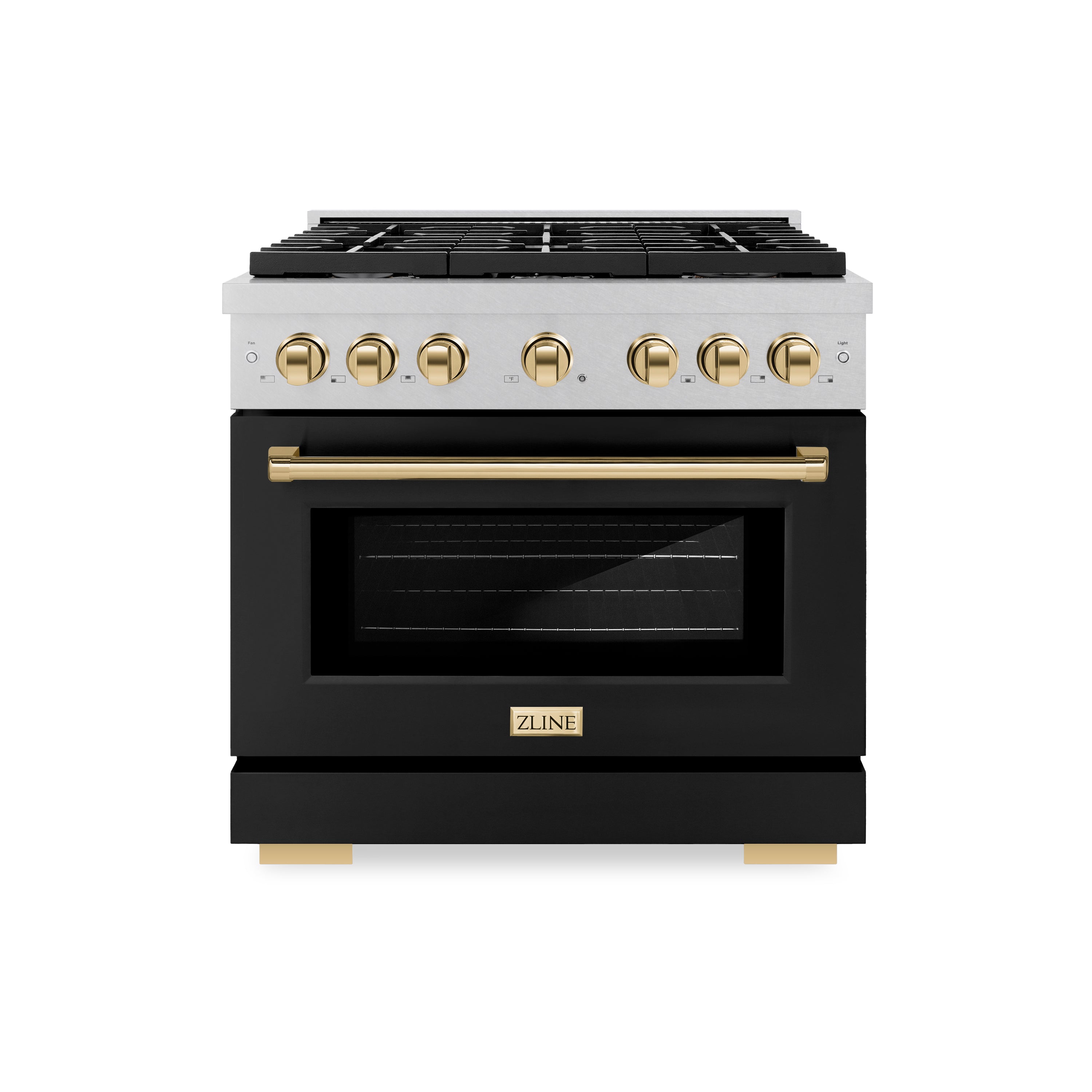 ZLINE Autograph Edition 36 in. 5.2 cu. ft. 6 Burner Gas Range with Convection Gas Oven in DuraSnow® Stainless Steel with Black Matte Door and Polished Gold Accents (SGRSZ-BLM-36-G)