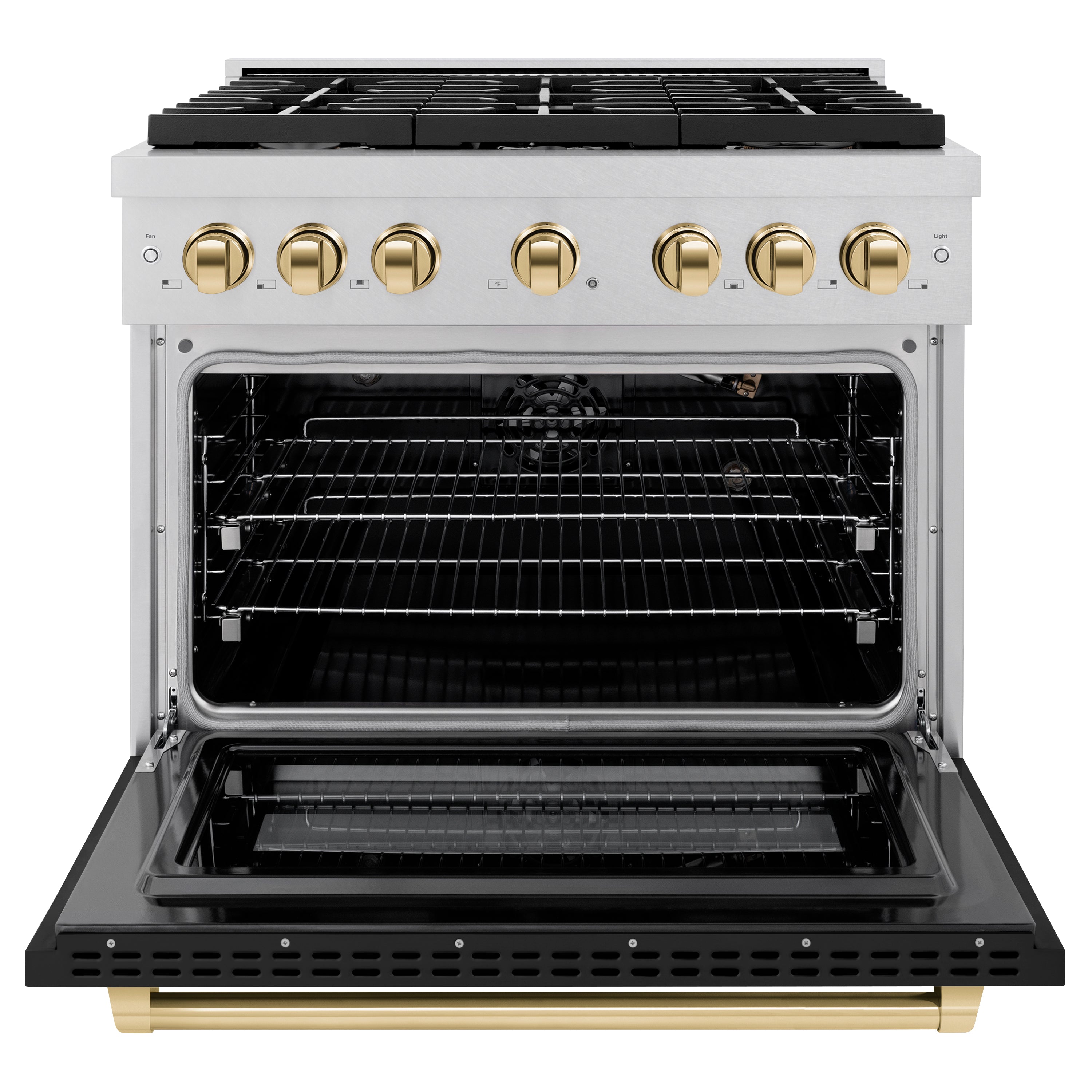 ZLINE Autograph Edition 36 in. 5.2 cu. ft. 6 Burner Gas Range with Convection Gas Oven in DuraSnow® Stainless Steel with Black Matte Door and Polished Gold Accents (SGRSZ-BLM-36-G)