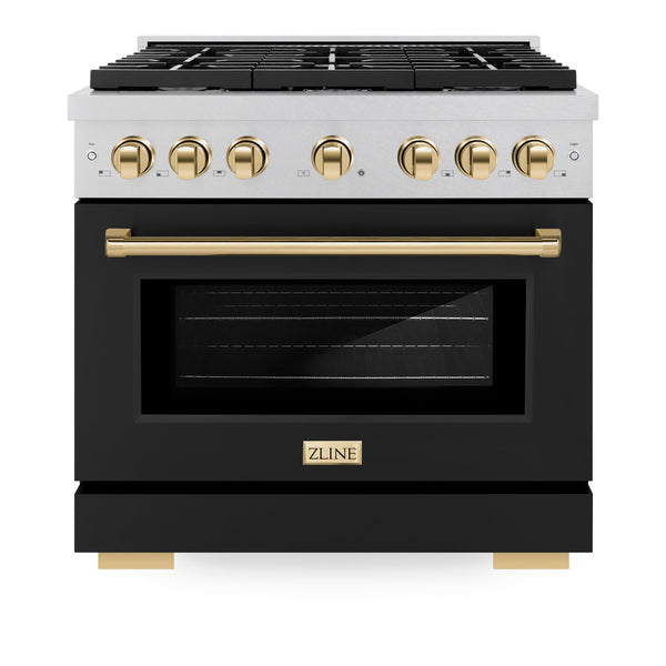 ZLINE Autograph Edition 36 in. 5.2 cu. ft. 6 Burner Gas Range with Convection Gas Oven in DuraSnow® Stainless Steel with Black Matte Door and Polished Gold Accents (SGRSZ-BLM-36-G)