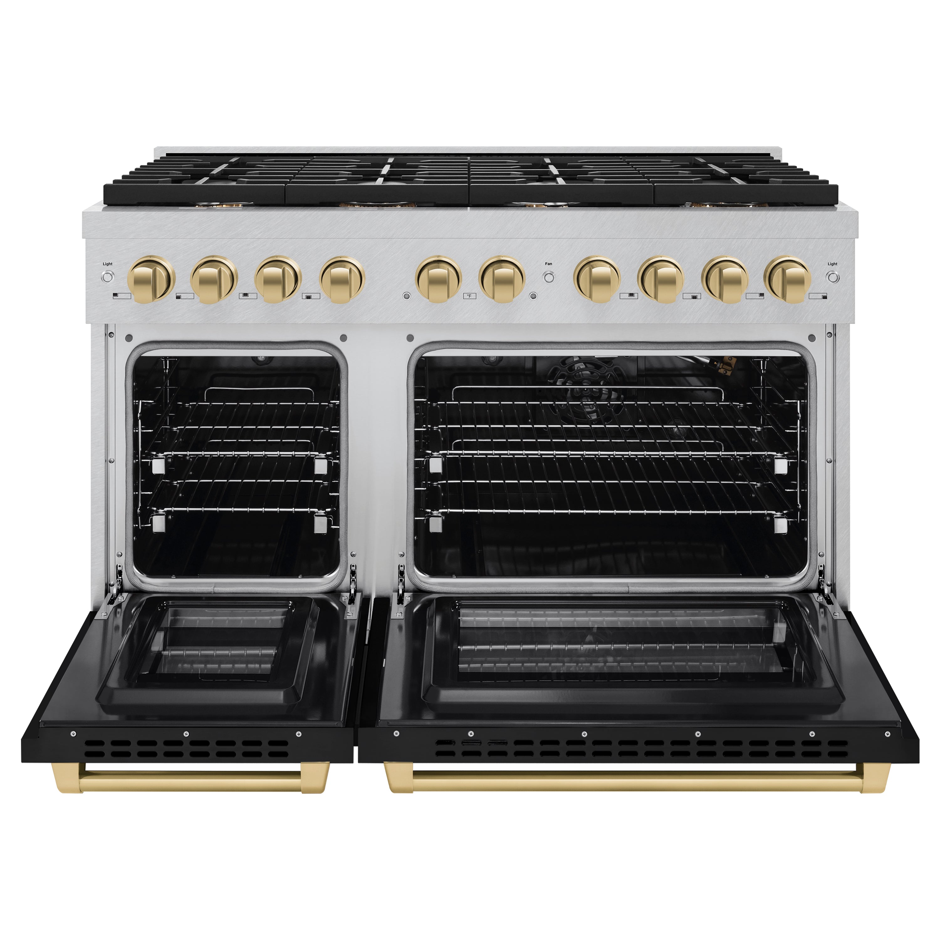 ZLINE Autograph Edition 48 in. 6.7 cu. ft. 8 Burner Double Oven Gas Range in DuraSnow® Stainless Steel with Black Matte Doors and Champagne Bronze Accents (SGRSZ-BLM-48-CB)