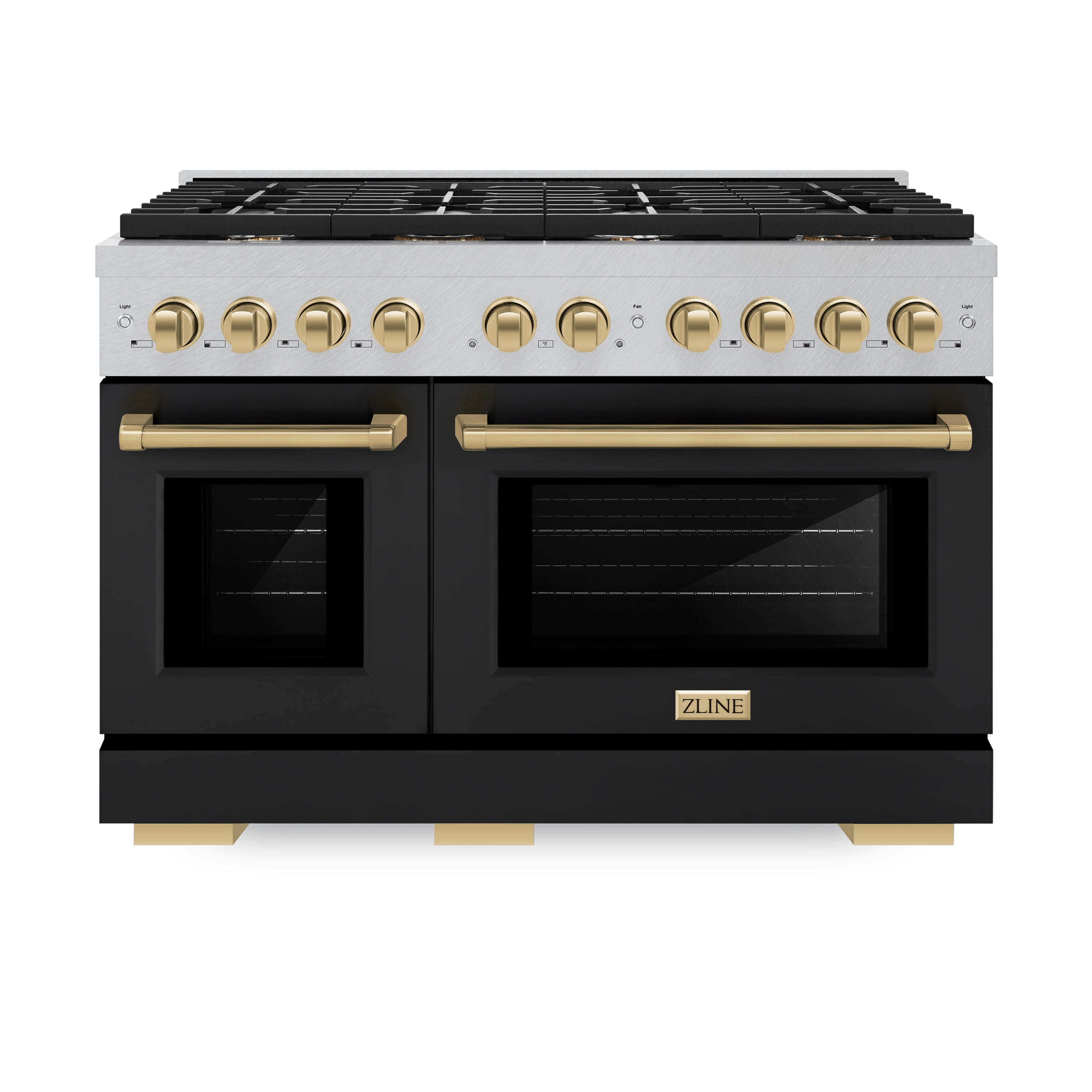 ZLINE Autograph Edition 48 in. 6.7 cu. ft. 8 Burner Double Oven Gas Range in DuraSnow® Stainless Steel with Black Matte Doors and Champagne Bronze Accents (SGRSZ-BLM-48-CB)