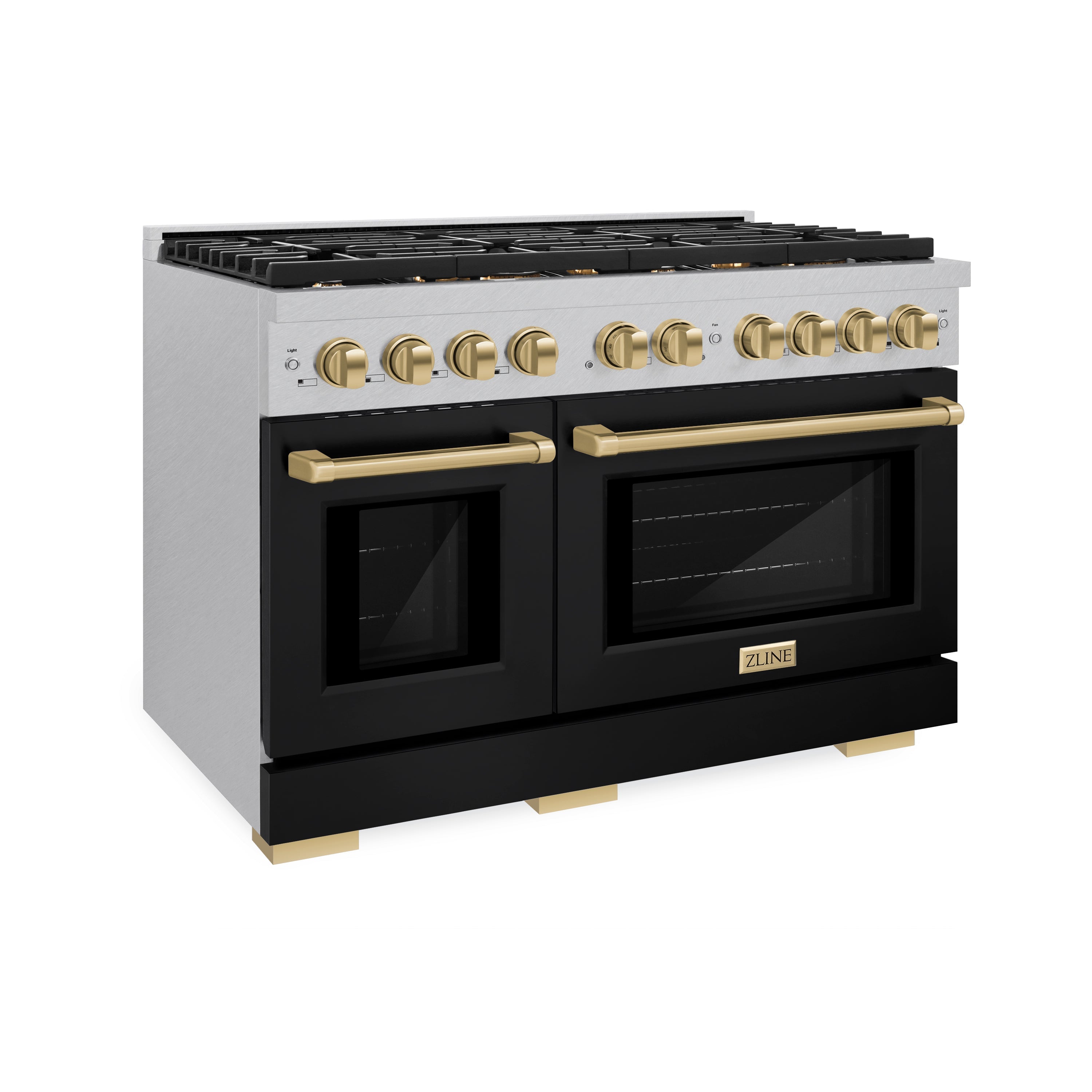 ZLINE Autograph Edition 48 in. 6.7 cu. ft. 8 Burner Double Oven Gas Range in DuraSnow® Stainless Steel with Black Matte Doors and Champagne Bronze Accents (SGRSZ-BLM-48-CB)