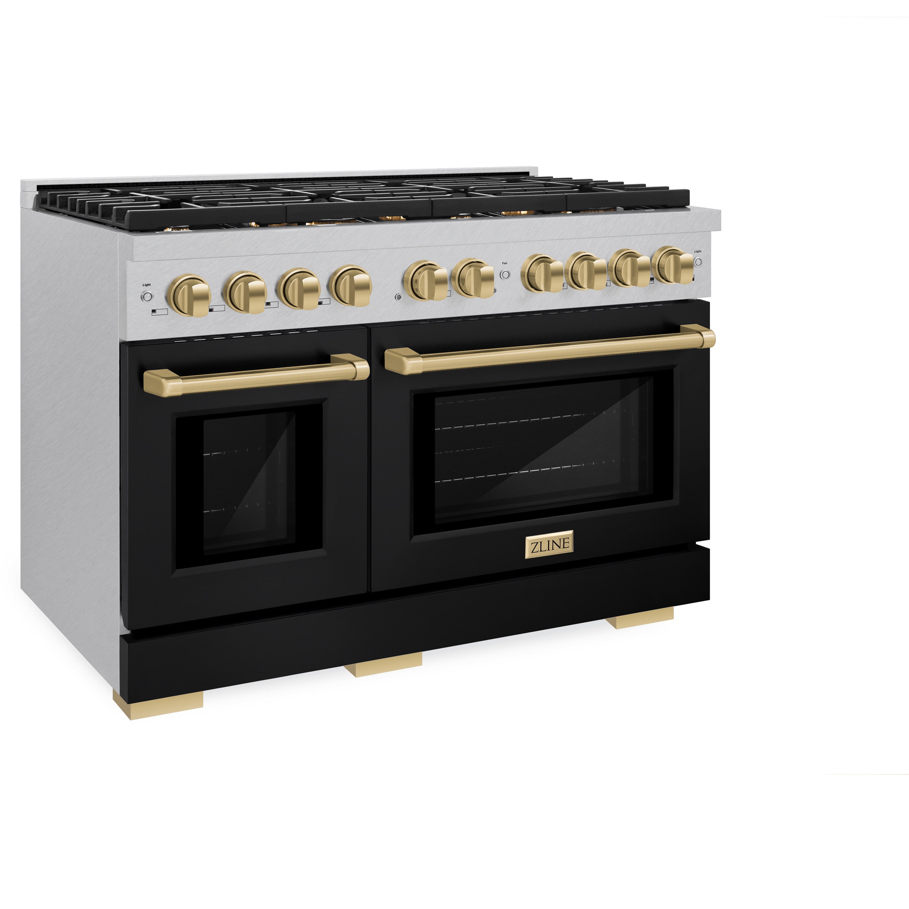 ZLINE Autograph Edition 48 in. 6.7 cu. ft. 8 Burner Double Oven Gas Range in DuraSnow® Stainless Steel with Black Matte Doors and Champagne Bronze Accents (SGRSZ-BLM-48-CB)