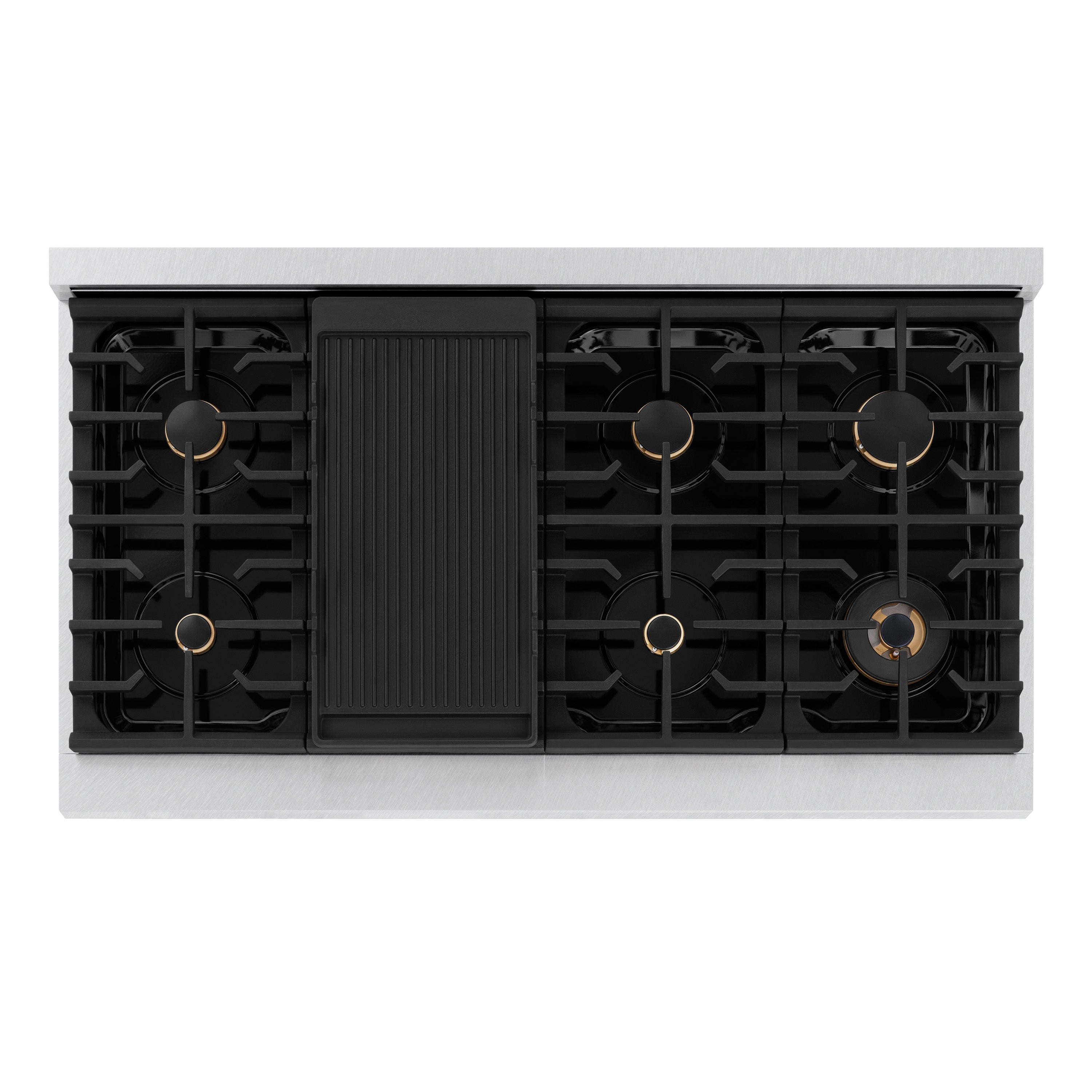 ZLINE Autograph Edition 48 in. 6.7 cu. ft. 8 Burner Double Oven Gas Range in DuraSnow® Stainless Steel with Black Matte Doors and Champagne Bronze Accents (SGRSZ-BLM-48-CB)