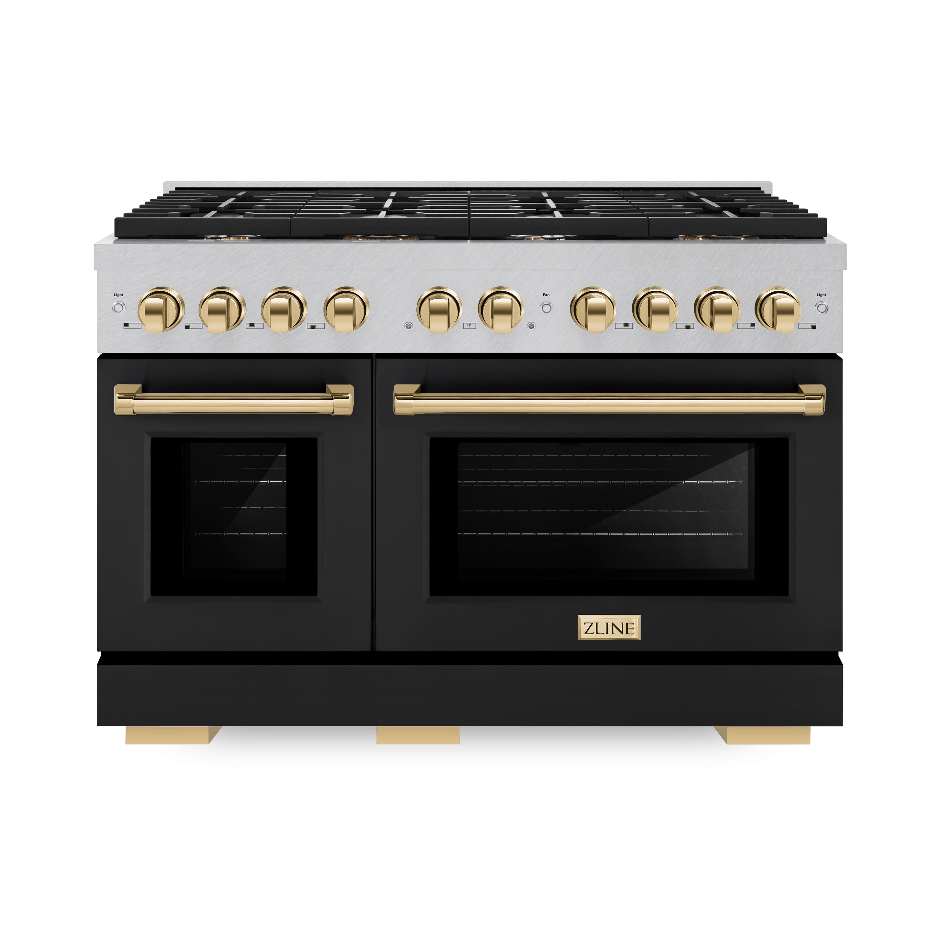 ZLINE Autograph Edition 48 in. 6.7 cu. ft. 8 Burner Double Oven Gas Range in DuraSnow® Stainless Steel with Black Matte Doors and Polished Gold Accents (SGRSZ-BLM-48-G)