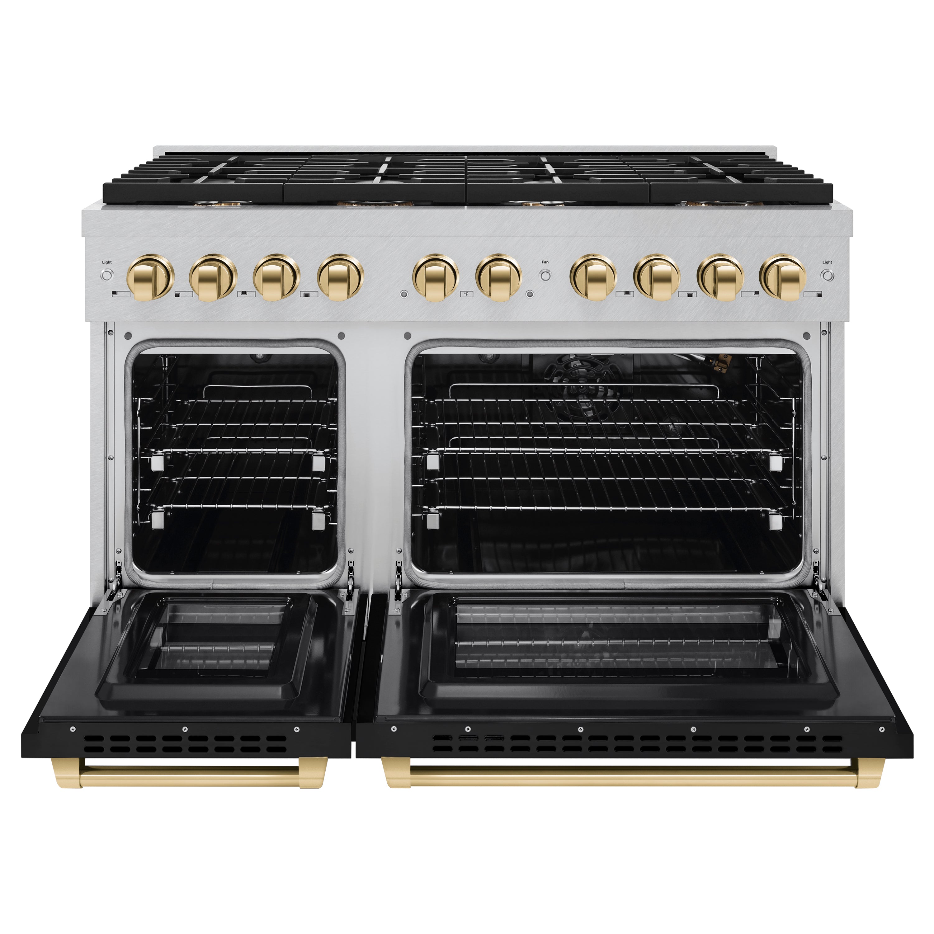 ZLINE Autograph Edition 48 in. 6.7 cu. ft. 8 Burner Double Oven Gas Range in DuraSnow® Stainless Steel with Black Matte Doors and Polished Gold Accents (SGRSZ-BLM-48-G)