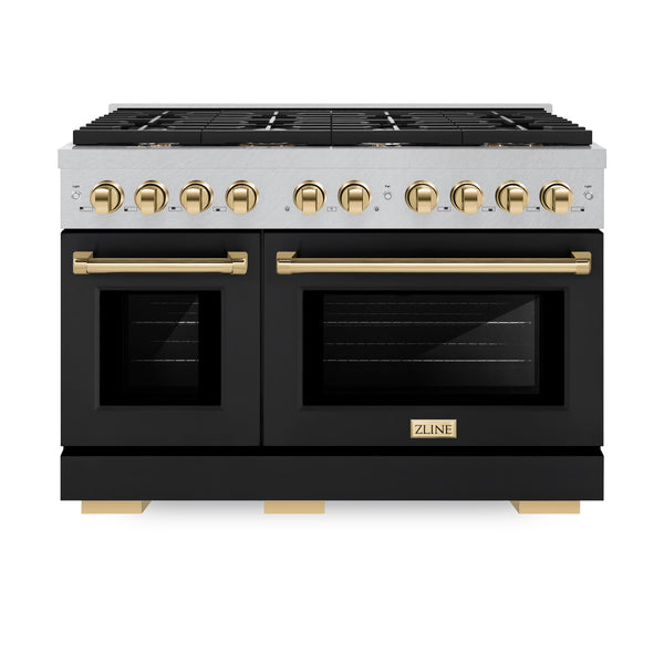 ZLINE Autograph Edition 48 in. 6.7 cu. ft. 8 Burner Double Oven Gas Range in DuraSnow® Stainless Steel with Black Matte Doors and Polished Gold Accents (SGRSZ-BLM-48-G)