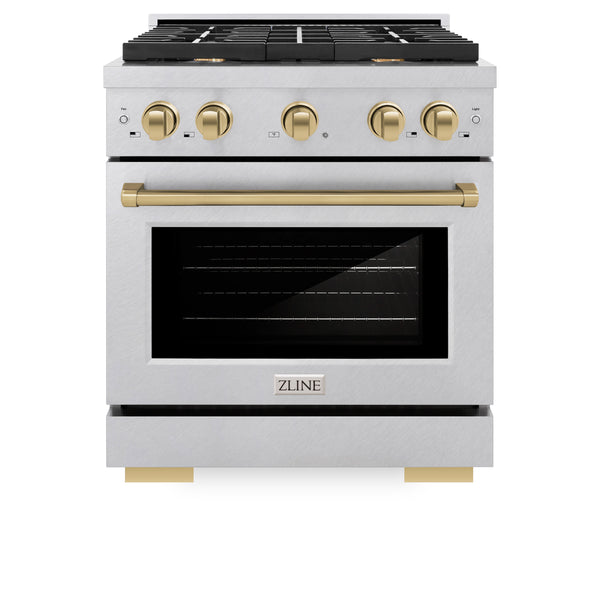 ZLINE Autograph Edition 30 in. 4.2 cu. ft. Paramount Dual Fuel Range with 4 Burner Gas Cooktop and Electric Convection Oven in DuraSnow® Stainless Steel with Accents