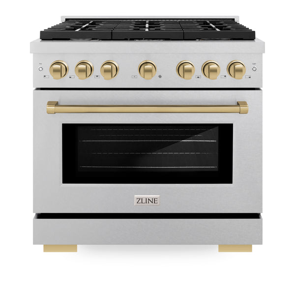 ZLINE Autograph Edition 36 in. 5.2 cu. ft. Paramount Dual Fuel Range with 6 Burner Gas Cooktop and Electric Convection Oven in DuraSnow® Stainless Steel with Accents