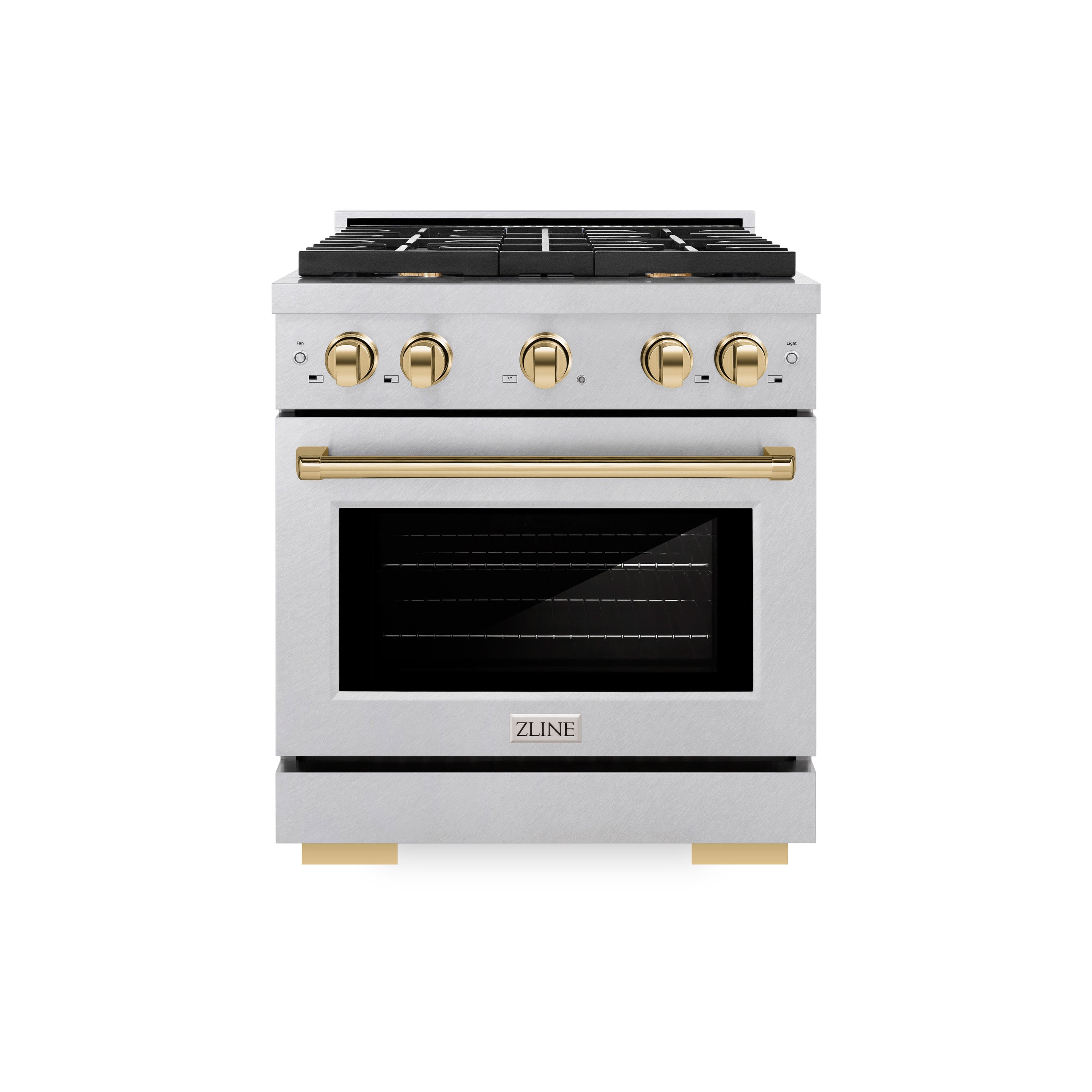 ZLINE Autograph Edition 30 in. 4.2 cu. ft. 4 Burner Gas Range with Convection Gas Oven in DuraSnow® Stainless Steel and Polished Gold Accents (SGRSZ-30-G)