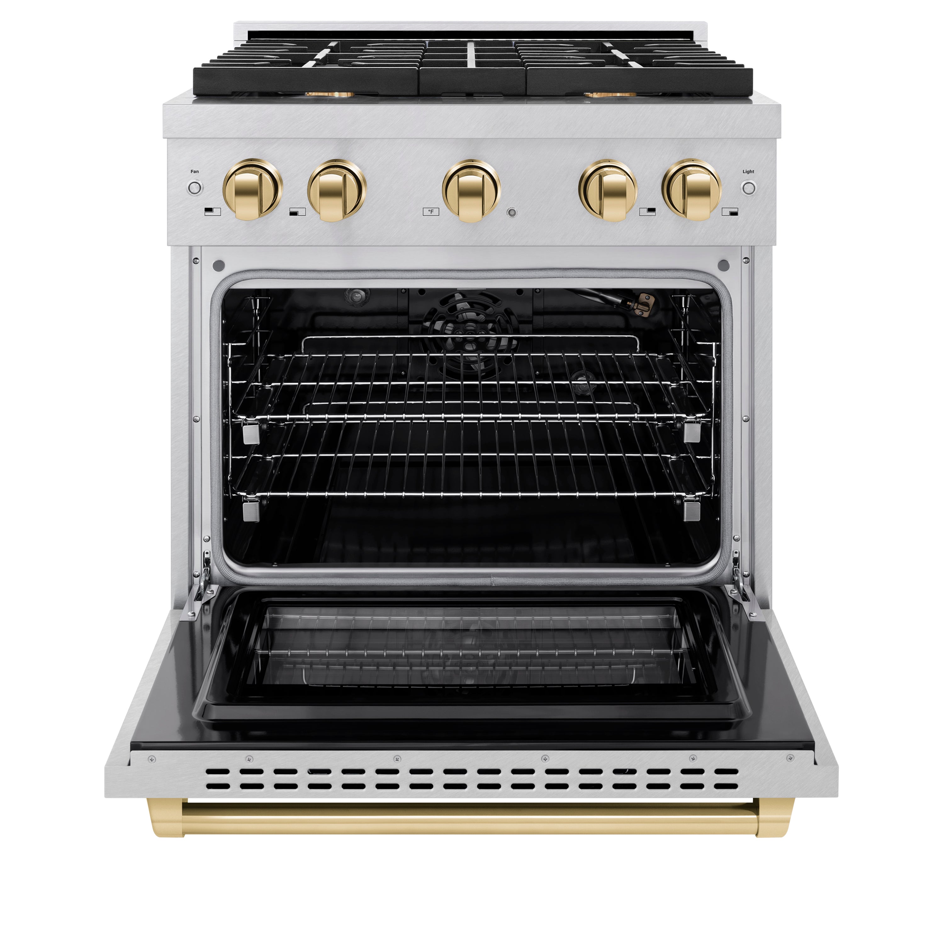 ZLINE Autograph Edition 30 in. 4.2 cu. ft. 4 Burner Gas Range with Convection Gas Oven in DuraSnow® Stainless Steel and Polished Gold Accents (SGRSZ-30-G)