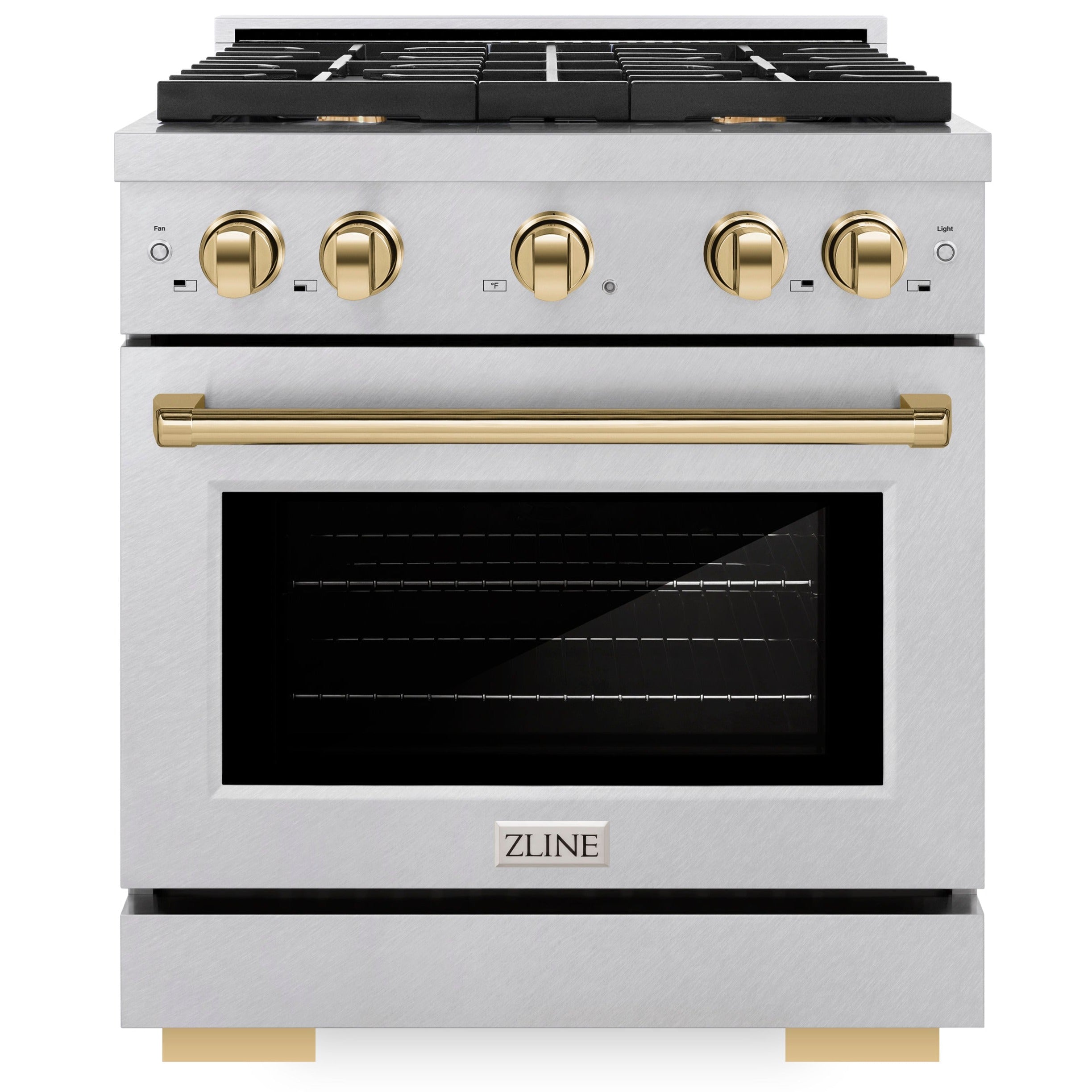 ZLINE Autograph Edition 30 in. 4.2 cu. ft. 4 Burner Gas Range with Convection Gas Oven in DuraSnow® Stainless Steel and Polished Gold Accents (SGRSZ-30-G)