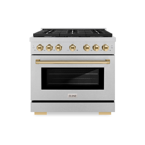 ZLINE Autograph Edition 36 in. 5.2 cu. ft. 6 Burner Gas Range with Convection Gas Oven in DuraSnow® Stainless Steel and Polished Gold Accents (SGRSZ-36-G)