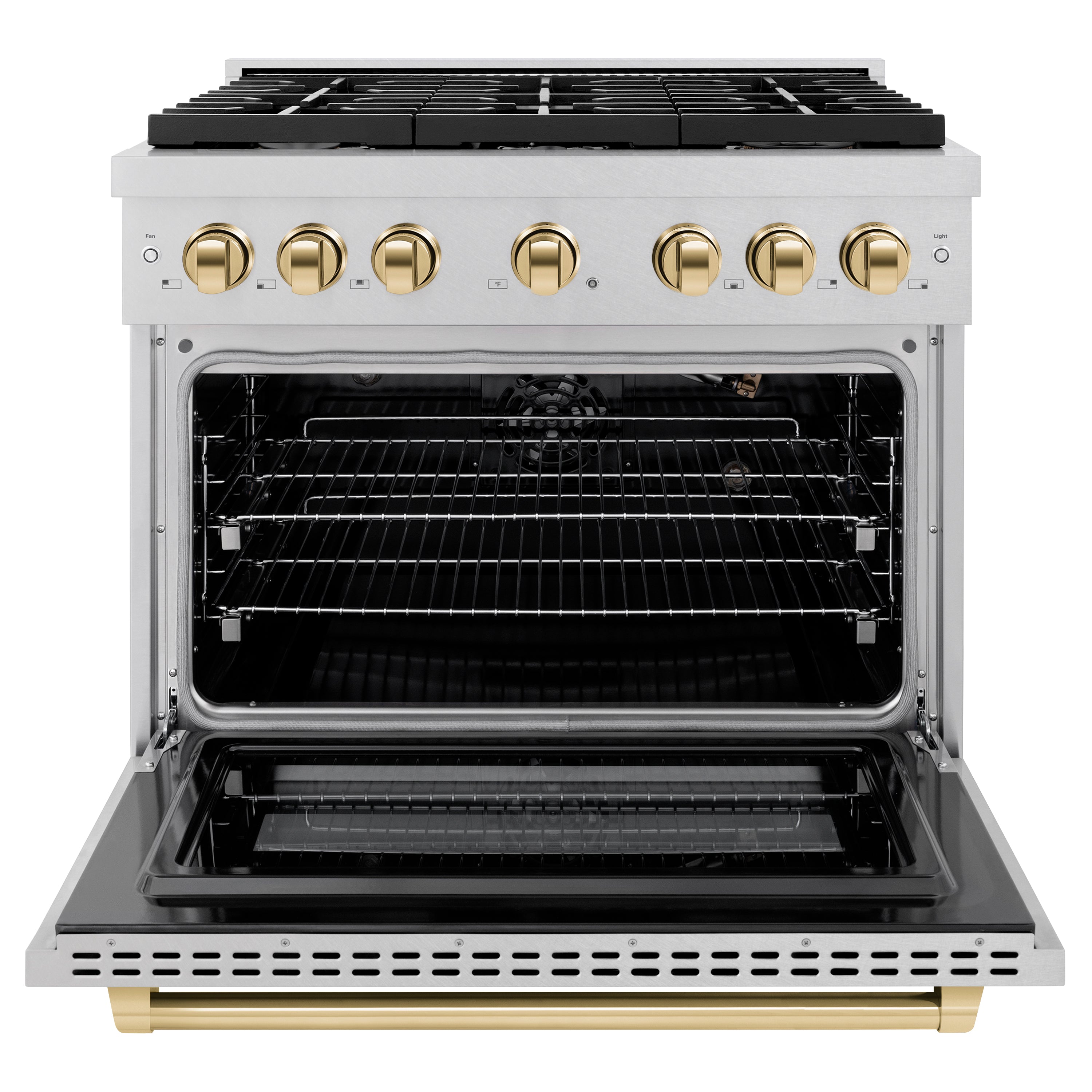 ZLINE Autograph Edition 36 in. 5.2 cu. ft. 6 Burner Gas Range with Convection Gas Oven in DuraSnow® Stainless Steel and Polished Gold Accents (SGRSZ-36-G)