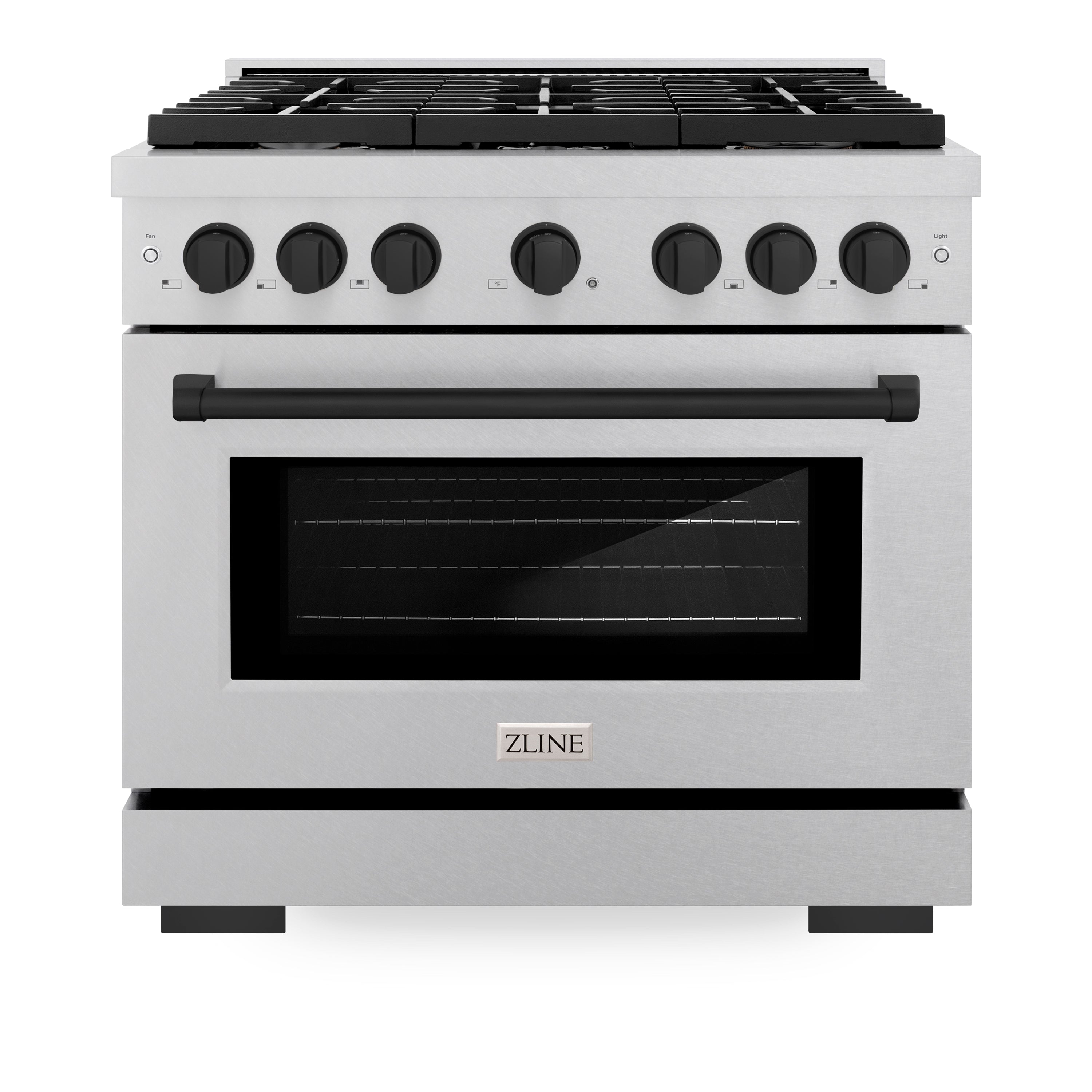 ZLINE Autograph Edition 36 in. 5.2 cu. ft. 6 Burner Gas Range with Convection Gas Oven in DuraSnow® Stainless Steel and Matte Black Accents (SGRSZ-36-MB)