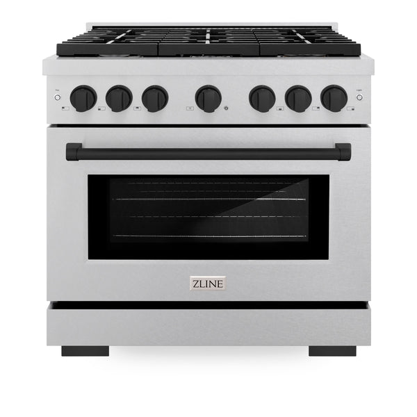 ZLINE Autograph Edition 36 in. 5.2 cu. ft. 6 Burner Gas Range with Convection Gas Oven in DuraSnow® Stainless Steel and Matte Black Accents (SGRSZ-36-MB)