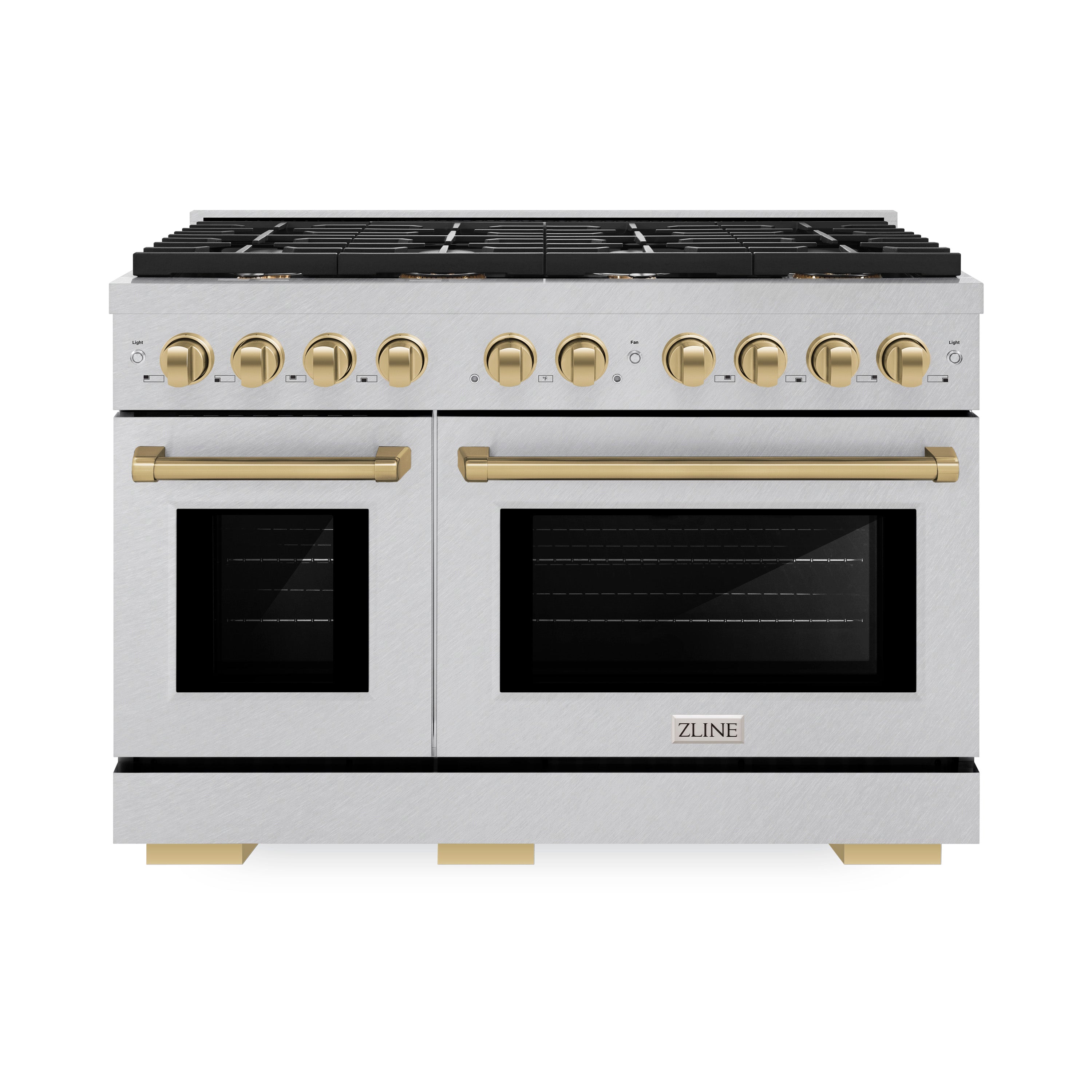 ZLINE Autograph Edition 48 in. 6.7 cu. ft. 8 Burner Double Oven Gas Range in DuraSnow® Stainless Steel and Champagne Bronze Accents (SGRSZ-48-CB)