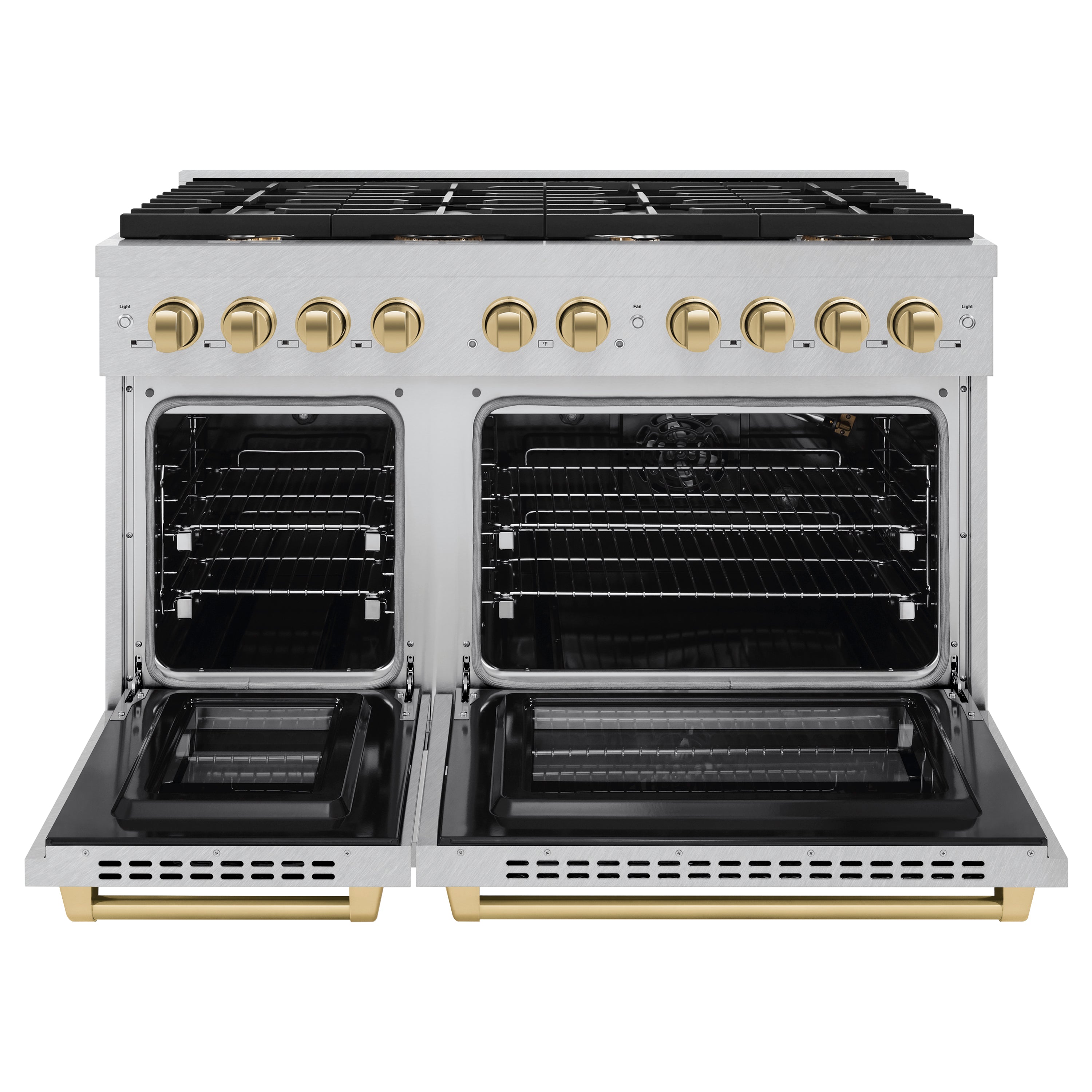 ZLINE Autograph Edition 48 in. 6.7 cu. ft. 8 Burner Double Oven Gas Range in DuraSnow® Stainless Steel and Champagne Bronze Accents (SGRSZ-48-CB)