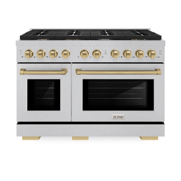 ZLINE Autograph Edition 48 in. 6.7 cu. ft. 8 Burner Double Oven Gas Range in DuraSnow® Stainless Steel and Champagne Bronze Accents (SGRSZ-48-CB)