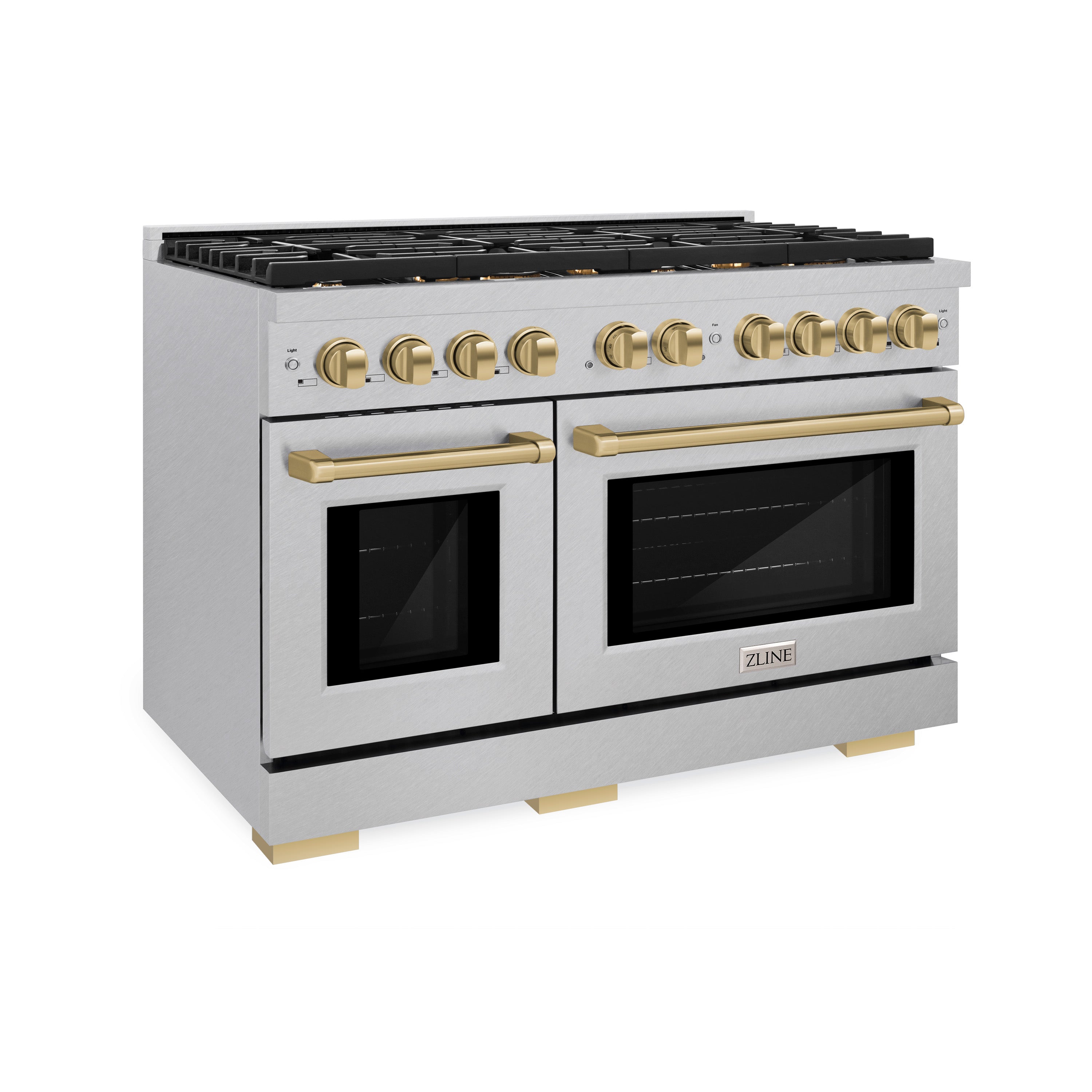 ZLINE Autograph Edition 48 in. 6.7 cu. ft. 8 Burner Double Oven Gas Range in DuraSnow® Stainless Steel and Champagne Bronze Accents (SGRSZ-48-CB)