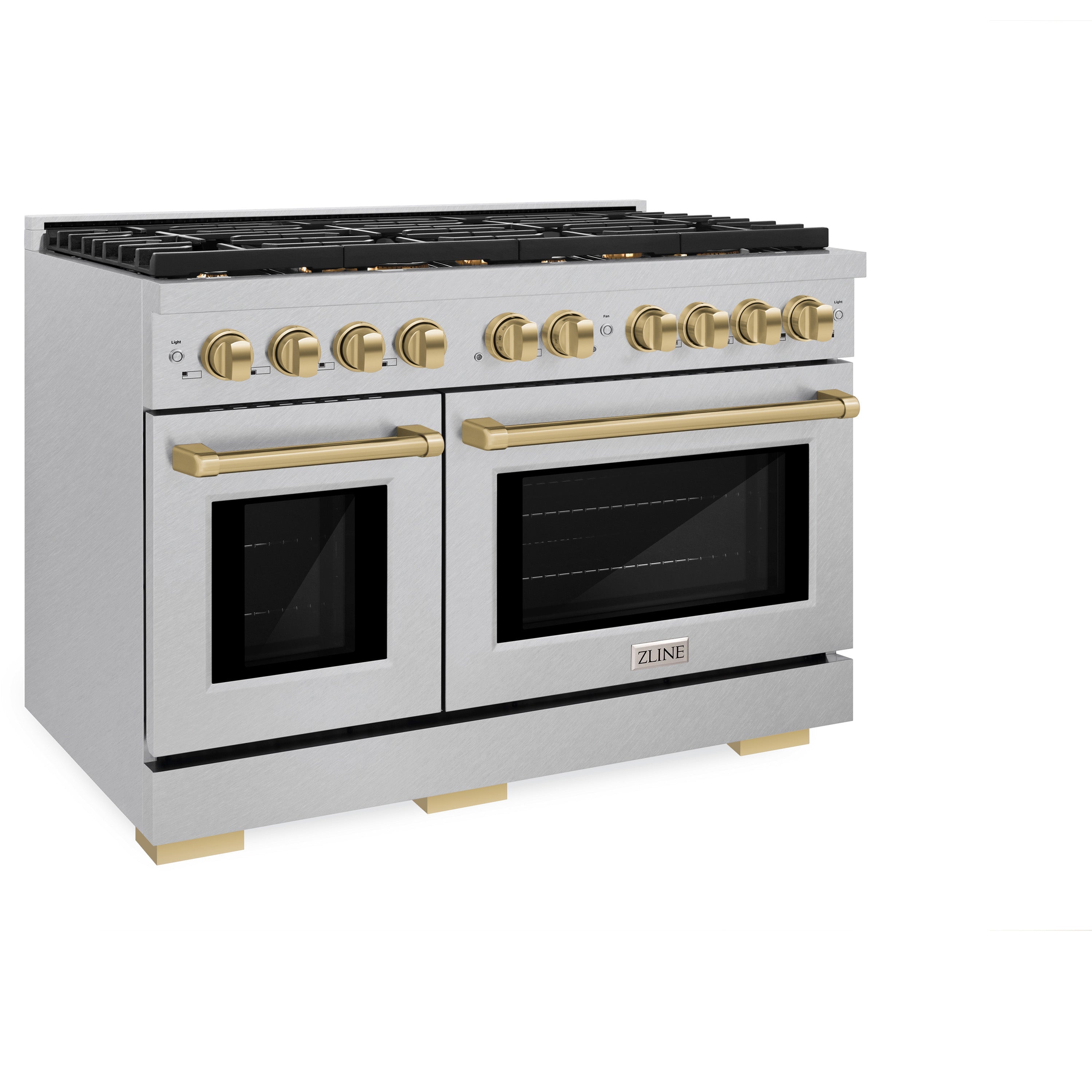 ZLINE Autograph Edition 48 in. 6.7 cu. ft. 8 Burner Double Oven Gas Range in DuraSnow® Stainless Steel and Champagne Bronze Accents (SGRSZ-48-CB)