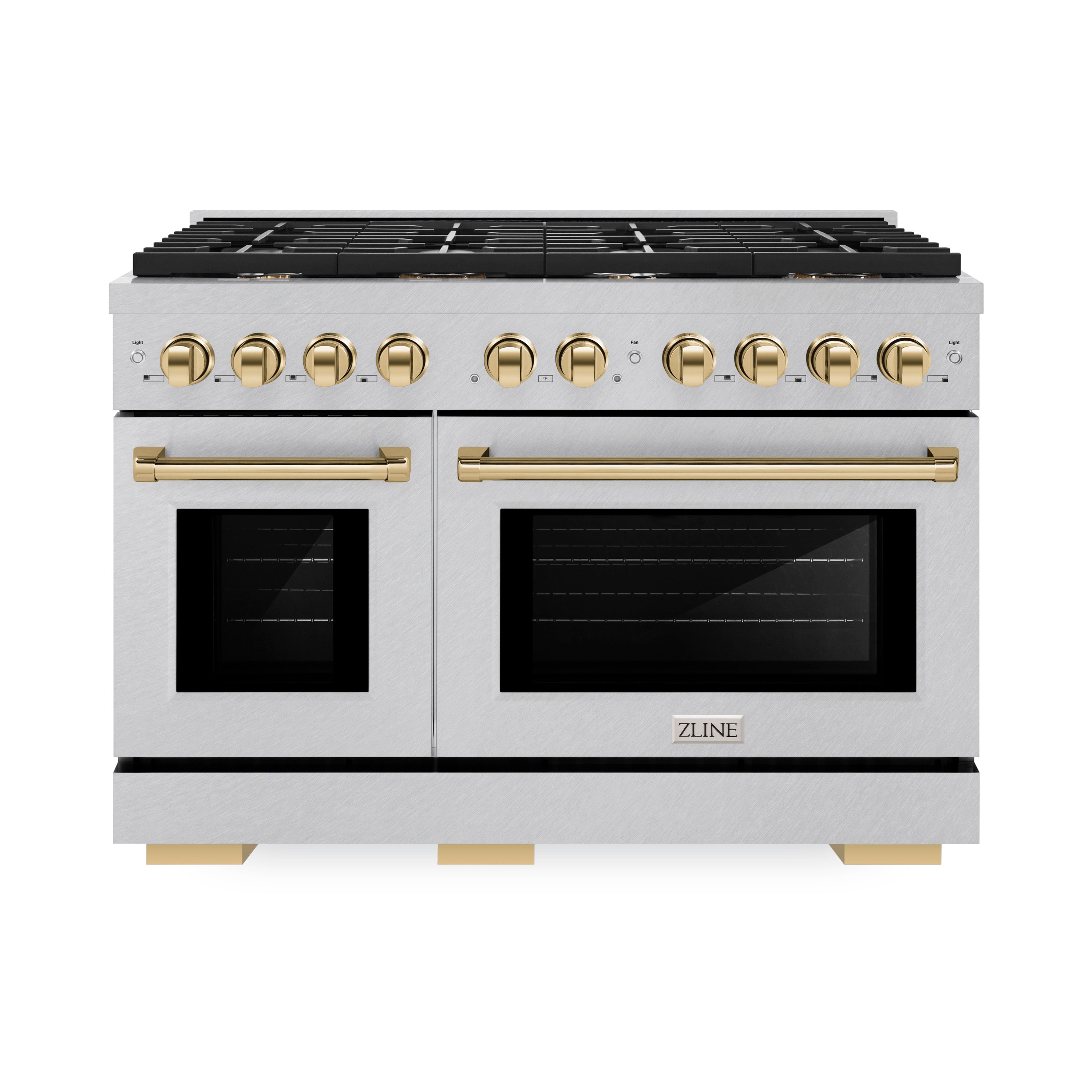 ZLINE Autograph Edition 48 in. 6.7 cu. ft. 8 Burner Double Oven Gas Range in DuraSnow® Stainless Steel and Polished Gold Accents (SGRSZ-48-G)