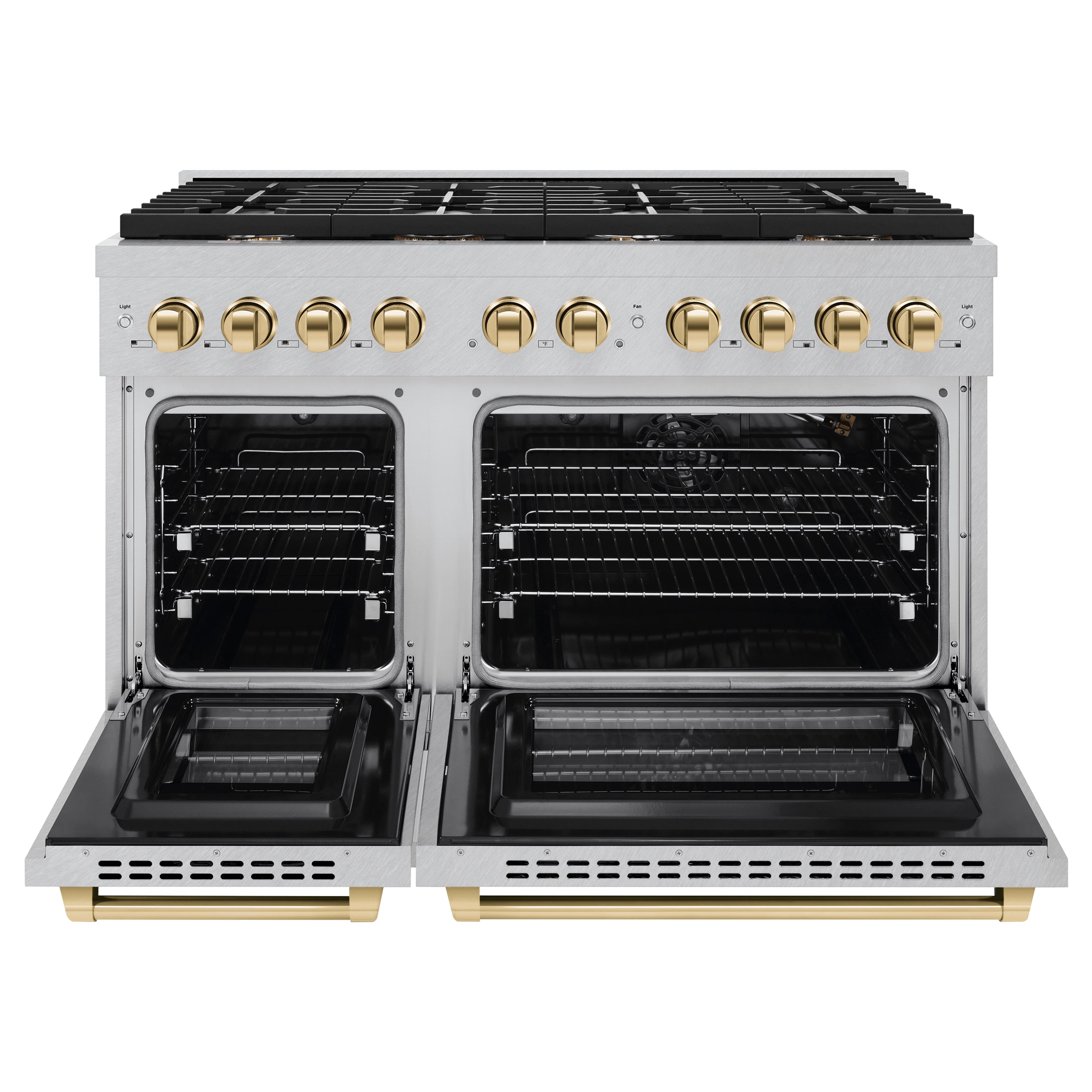 ZLINE Autograph Edition 48 in. 6.7 cu. ft. 8 Burner Double Oven Gas Range in DuraSnow® Stainless Steel and Polished Gold Accents (SGRSZ-48-G)