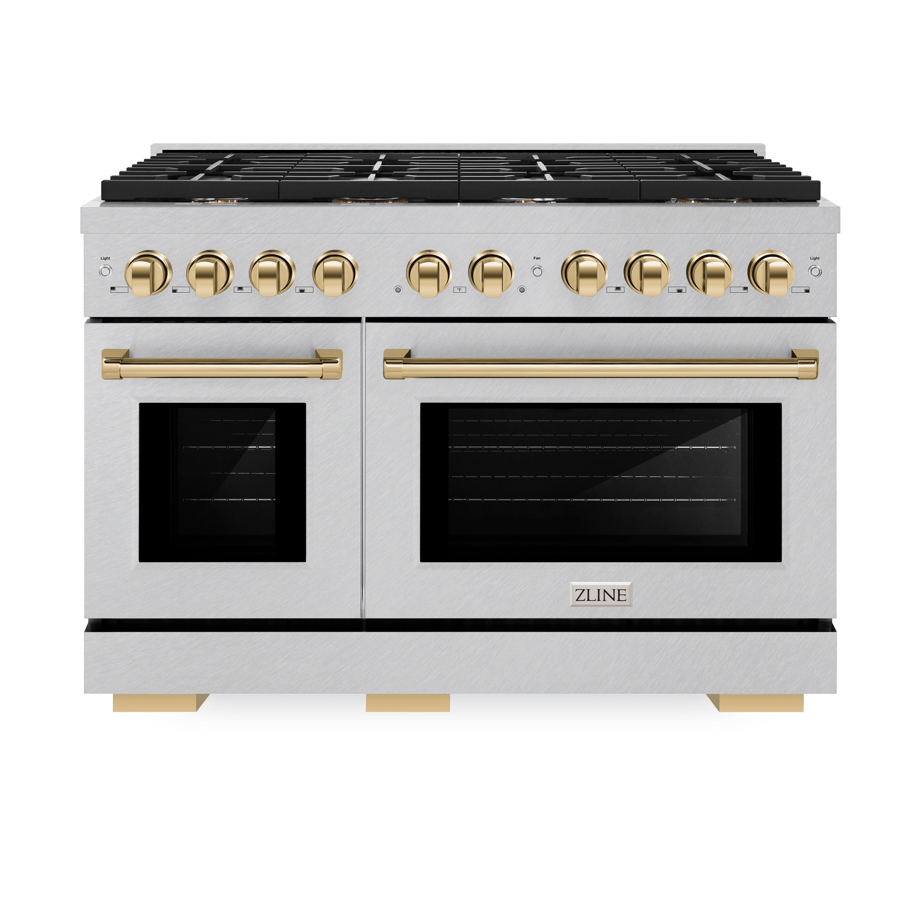 ZLINE Autograph Edition 48 in. 6.7 cu. ft. 8 Burner Double Oven Gas Range in DuraSnow® Stainless Steel and Polished Gold Accents (SGRSZ-48-G)