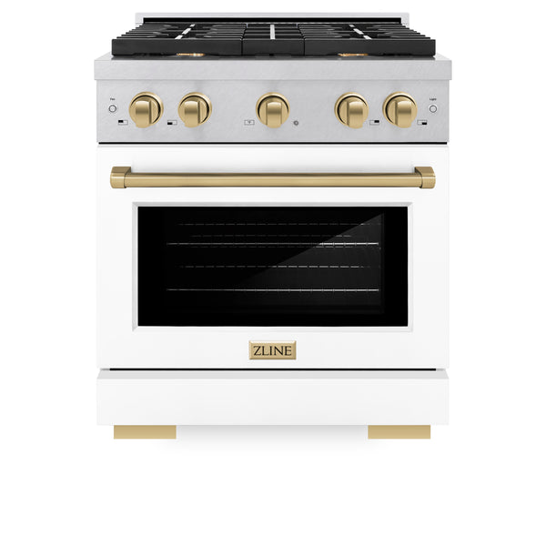 ZLINE Autograph Edition 30 in. 4.2 cu. ft. Paramount Dual Fuel Range with 4 Burner Gas Cooktop and Electric Convection Oven in DuraSnow® Stainless Steel with White Matte Door and Accents (SDRSZ-WM-30)