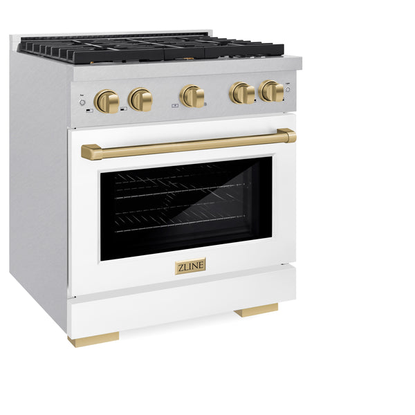 ZLINE Autograph Edition 30 in. 4.2 cu. ft. Paramount Dual Fuel Range with 4 Burner Gas Cooktop and Electric Convection Oven in DuraSnow® Stainless Steel with White Matte Door and Accents (SDRSZ-WM-30)