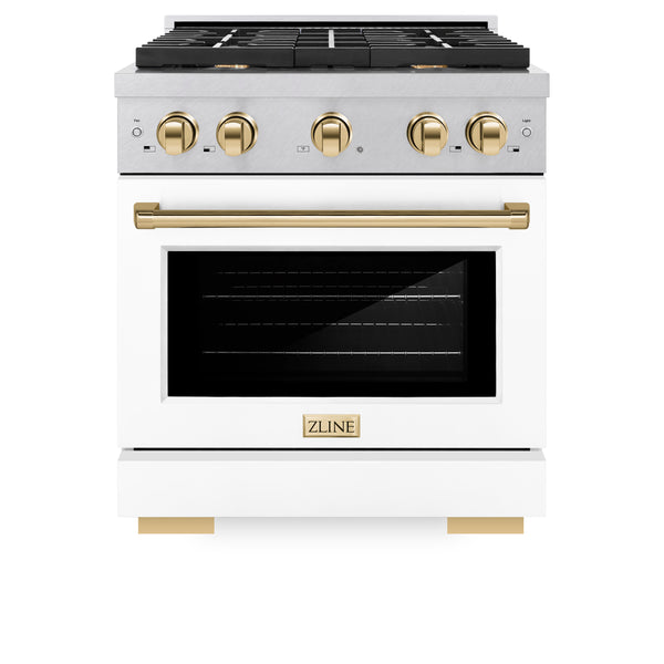 ZLINE Autograph Edition 30 in. 4.2 cu. ft. Paramount Dual Fuel Range with 4 Burner Gas Cooktop and Electric Convection Oven in DuraSnow® Stainless Steel with White Matte Door and Accents (SDRSZ-WM-30)