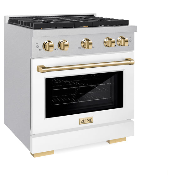 ZLINE Autograph Edition 30 in. 4.2 cu. ft. Paramount Dual Fuel Range with 4 Burner Gas Cooktop and Electric Convection Oven in DuraSnow® Stainless Steel with White Matte Door and Accents (SDRSZ-WM-30)