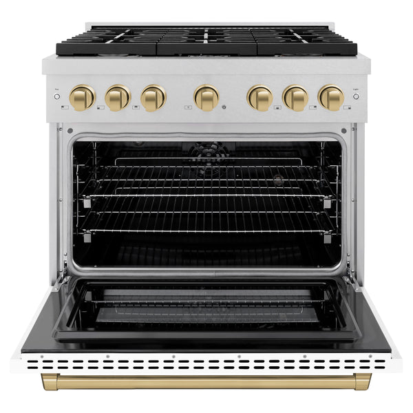 ZLINE Autograph Edition 36 in. 5.2 cu. ft. Paramount Dual Fuel Range with 6 Burner Gas Cooktop and Electric Convection Oven in DuraSnow® Stainless Steel with White Matte Door and Accents (SDRSZ-WM-36)