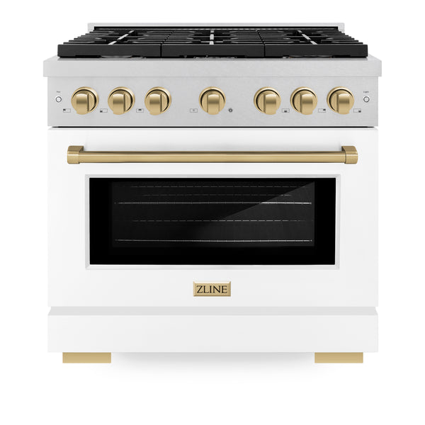 ZLINE Autograph Edition 36 in. 5.2 cu. ft. Paramount Dual Fuel Range with 6 Burner Gas Cooktop and Electric Convection Oven in DuraSnow® Stainless Steel with White Matte Door and Accents (SDRSZ-WM-36)