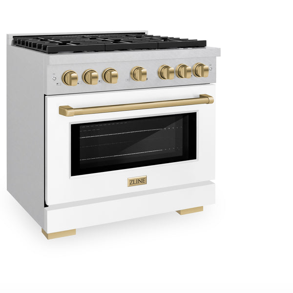 ZLINE Autograph Edition 36 in. 5.2 cu. ft. Paramount Dual Fuel Range with 6 Burner Gas Cooktop and Electric Convection Oven in DuraSnow® Stainless Steel with White Matte Door and Accents (SDRSZ-WM-36)