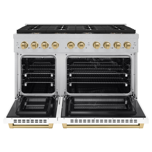 ZLINE Autograph Edition 48 in. 6.7 cu. ft. Paramount Double Oven Dual Fuel Range with 8 Burner Gas Cooktop in DuraSnow® Stainless Steel with White Matte Doors and Accents (SDRSZ-WM-48)