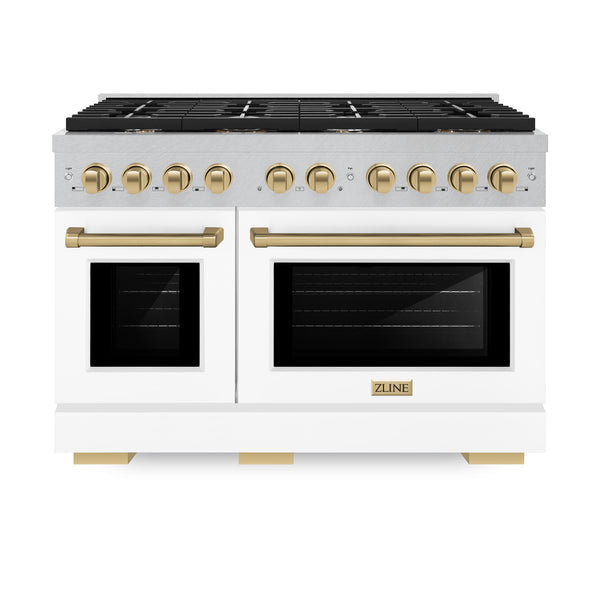 ZLINE Autograph Edition 48 in. 6.7 cu. ft. Paramount Double Oven Dual Fuel Range with 8 Burner Gas Cooktop in DuraSnow® Stainless Steel with White Matte Doors and Accents (SDRSZ-WM-48)