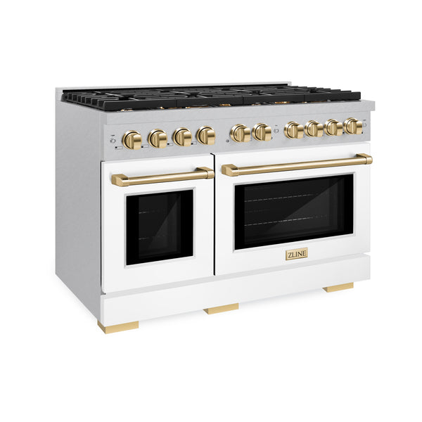 ZLINE Autograph Edition 48 in. 6.7 cu. ft. Paramount Double Oven Dual Fuel Range with 8 Burner Gas Cooktop in DuraSnow® Stainless Steel with White Matte Doors and Accents (SDRSZ-WM-48)