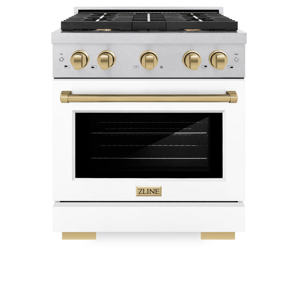 ZLINE Autograph Edition 30 in. 4.2 cu. ft. 4 Burner Gas Range with Convection Gas Oven in DuraSnow® Stainless Steel with White Matte Door and Champagne Bronze Accents (SGRSZ-WM-30-CB)