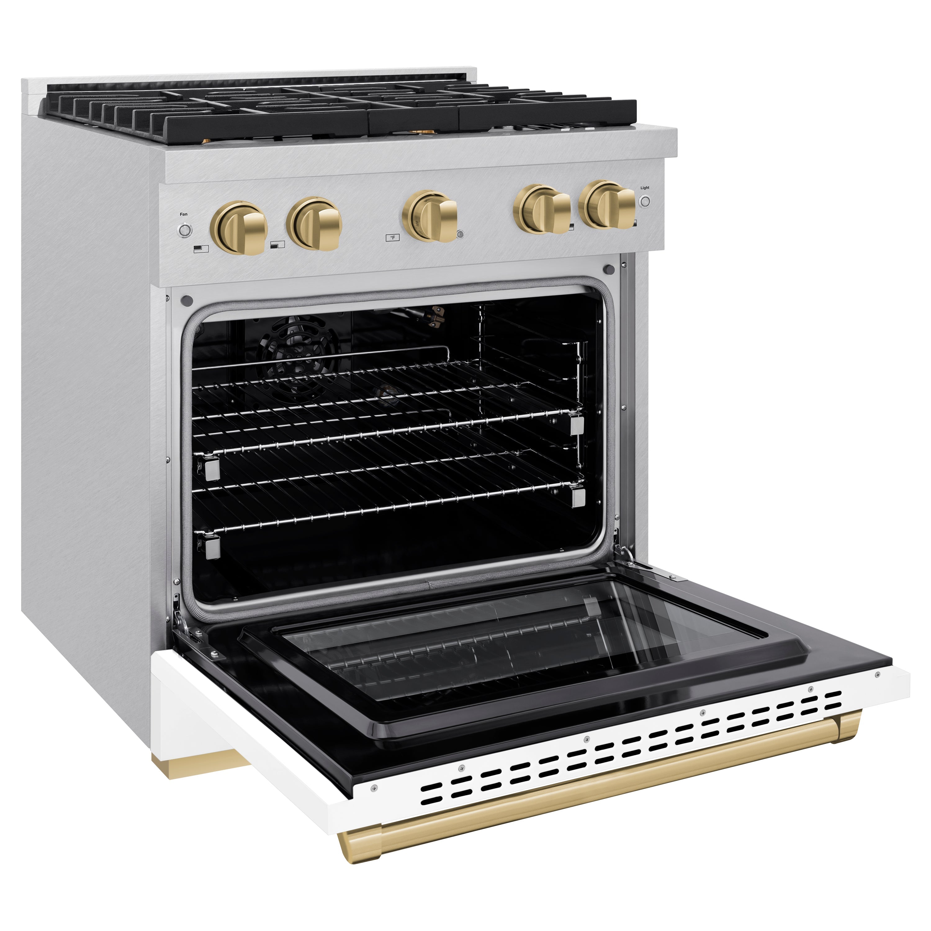 ZLINE Autograph Edition 30 in. 4.2 cu. ft. 4 Burner Gas Range with Convection Gas Oven in DuraSnow® Stainless Steel with White Matte Door and Champagne Bronze Accents (SGRSZ-WM-30-CB)