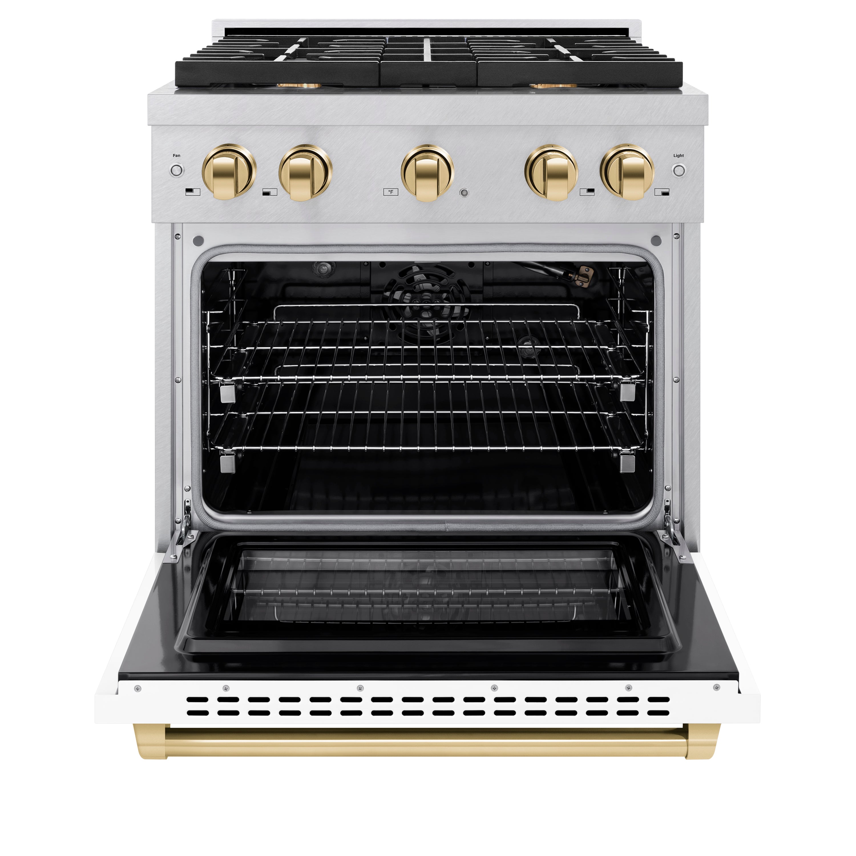 ZLINE Autograph Edition 30 in. 4.2 cu. ft. 4 Burner Gas Range with Convection Gas Oven in DuraSnow® Stainless Steel with White Matte Door and Polished Gold Accents (SGRSZ-WM-30-G)