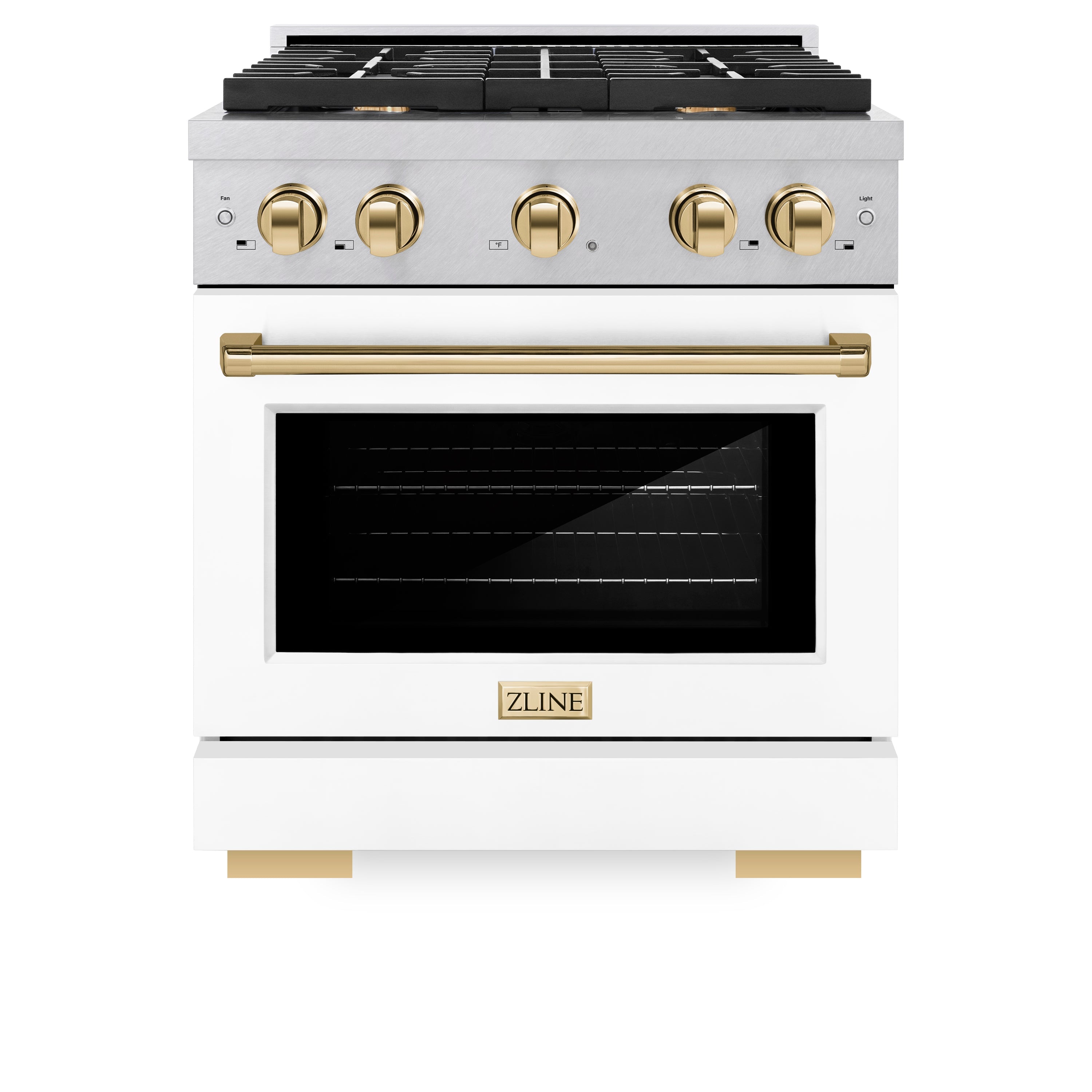 ZLINE Autograph Edition 30 in. 4.2 cu. ft. 4 Burner Gas Range with Convection Gas Oven in DuraSnow® Stainless Steel with White Matte Door and Polished Gold Accents (SGRSZ-WM-30-G)